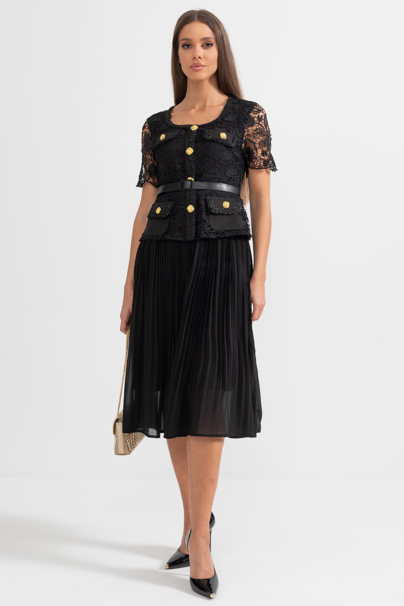 Elegant Short Sleeved Dress With Lace Top And Flared Skirt - Black