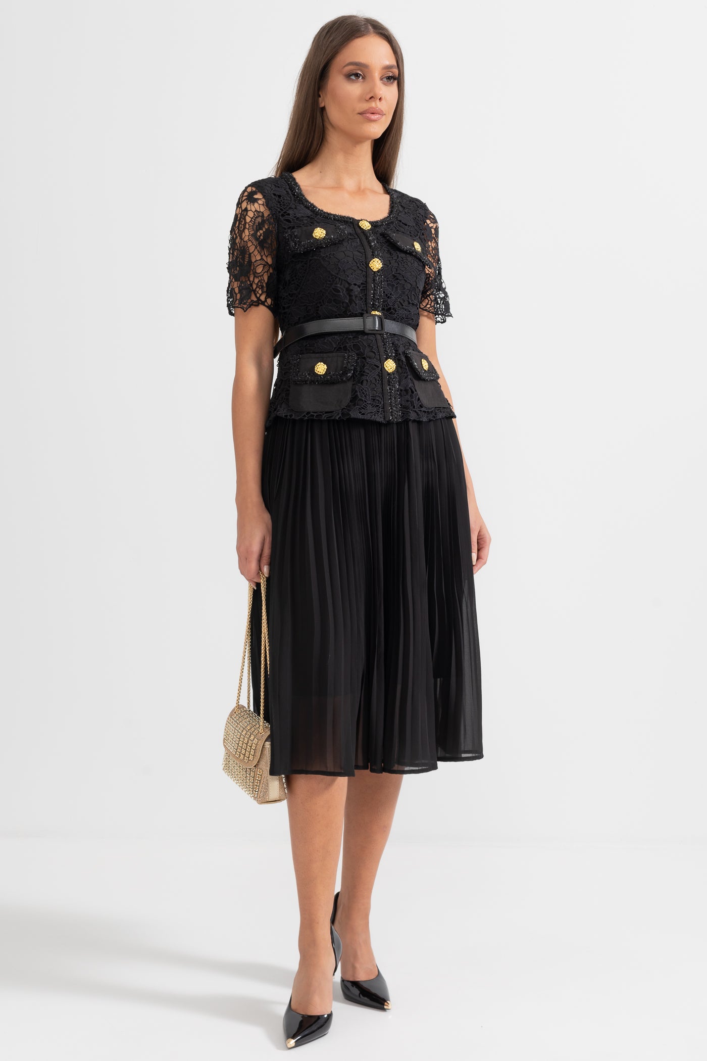 Elegant Short Sleeved Dress With Lace Top And Flared Skirt - Black