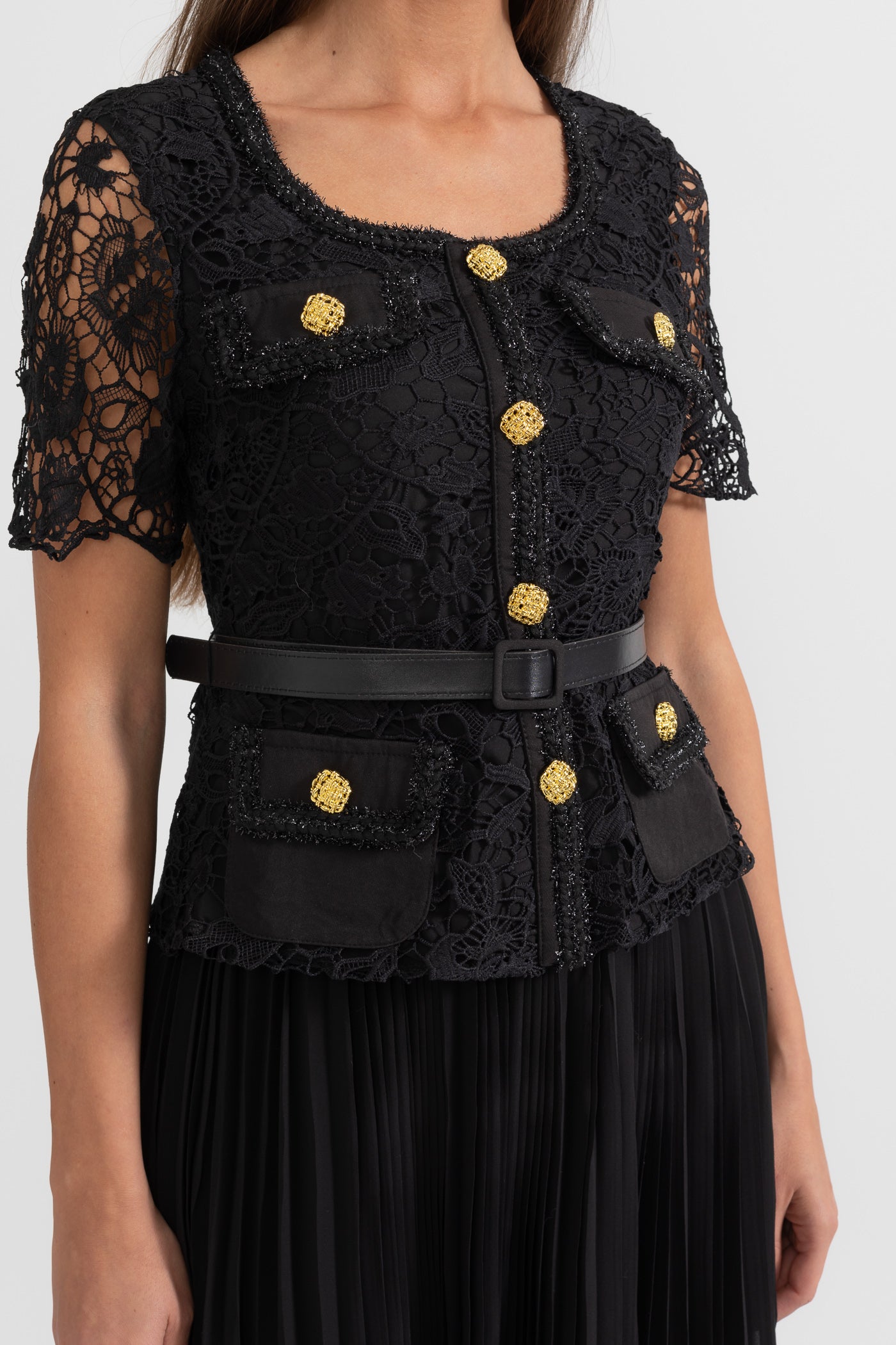 Elegant Short Sleeved Dress With Lace Top And Flared Skirt - Black