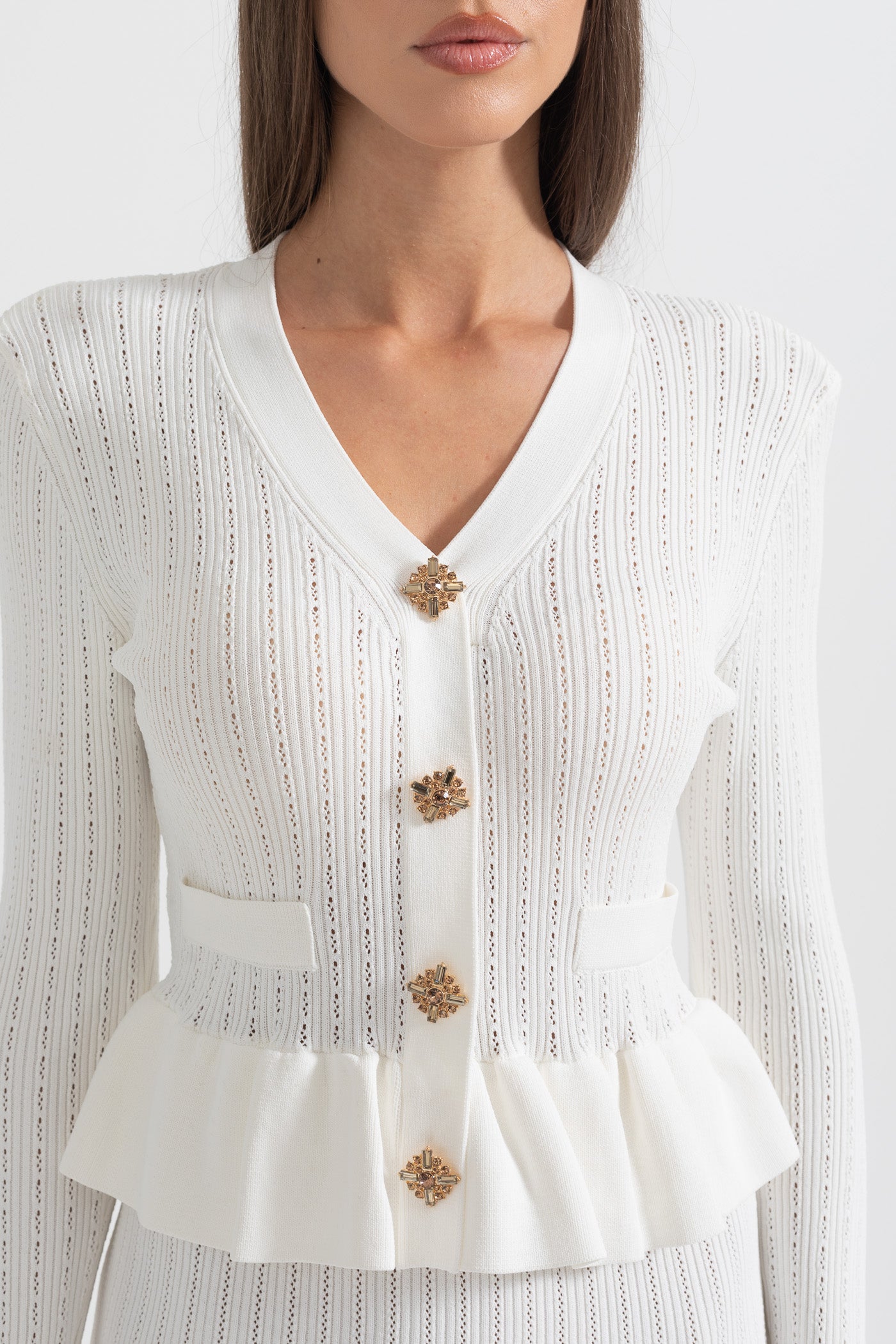 Long Sleeve Knitted Dress With Gold Buttons And Peplum Waist - White