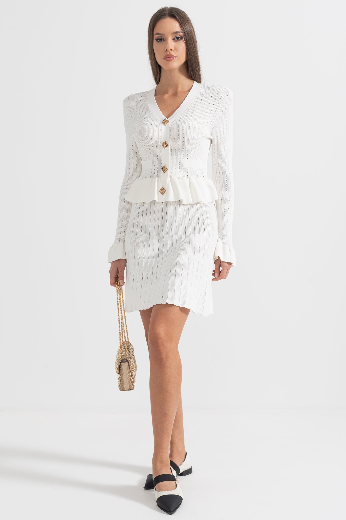 Long Sleeve Knitted Dress With Gold Buttons And Peplum Waist - White