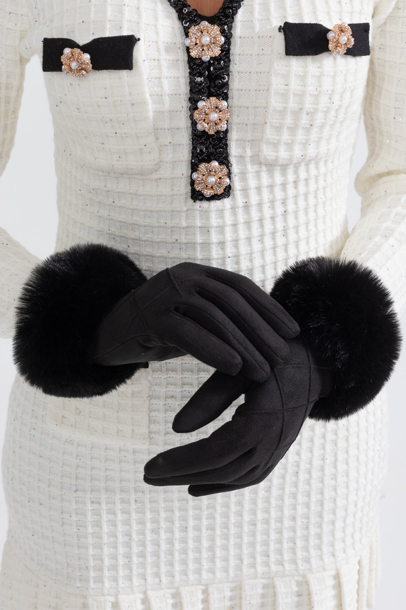 Suede Quilted Gloves With Fur - Black