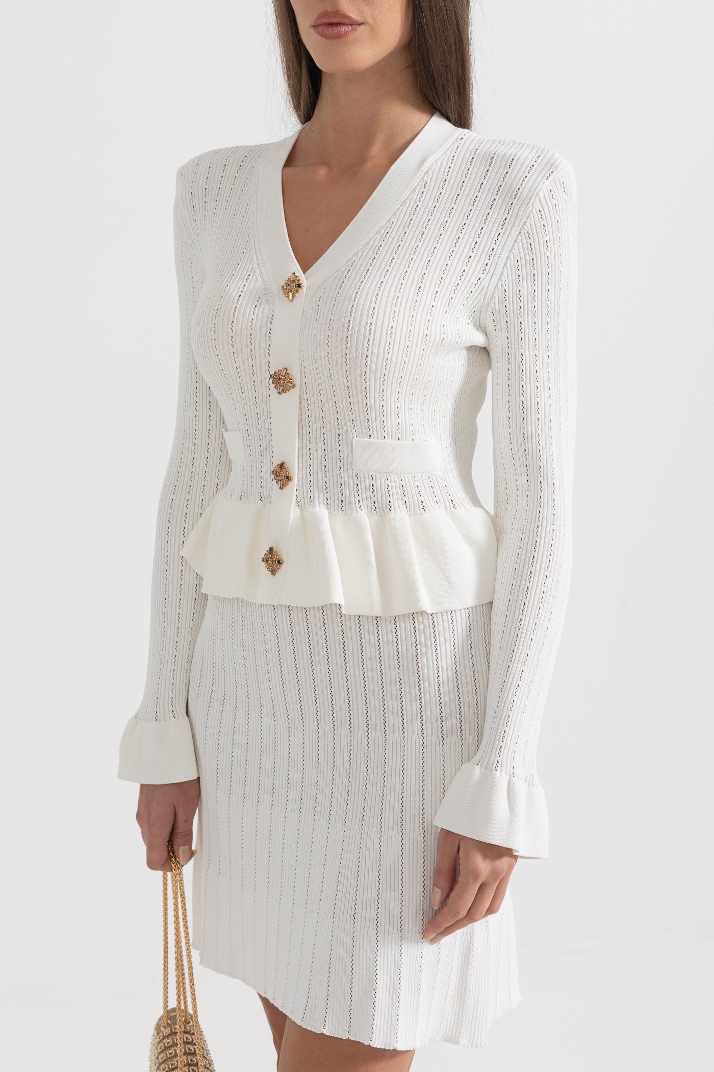 Long Sleeve Knitted Dress With Gold Buttons And Peplum Waist - White