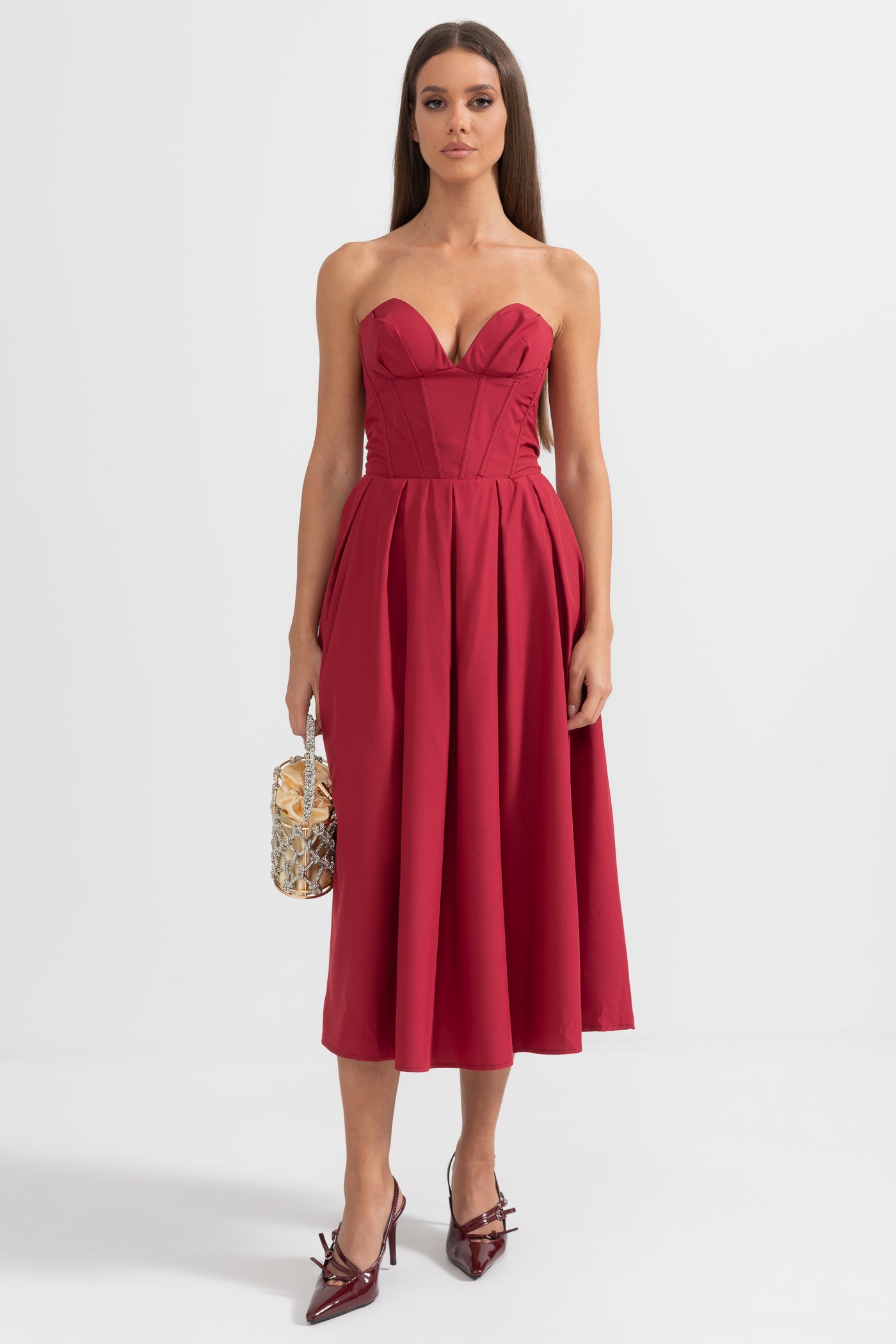 Sophisticated Strapless Midi Dress with Fitted Bodice - Burgundy