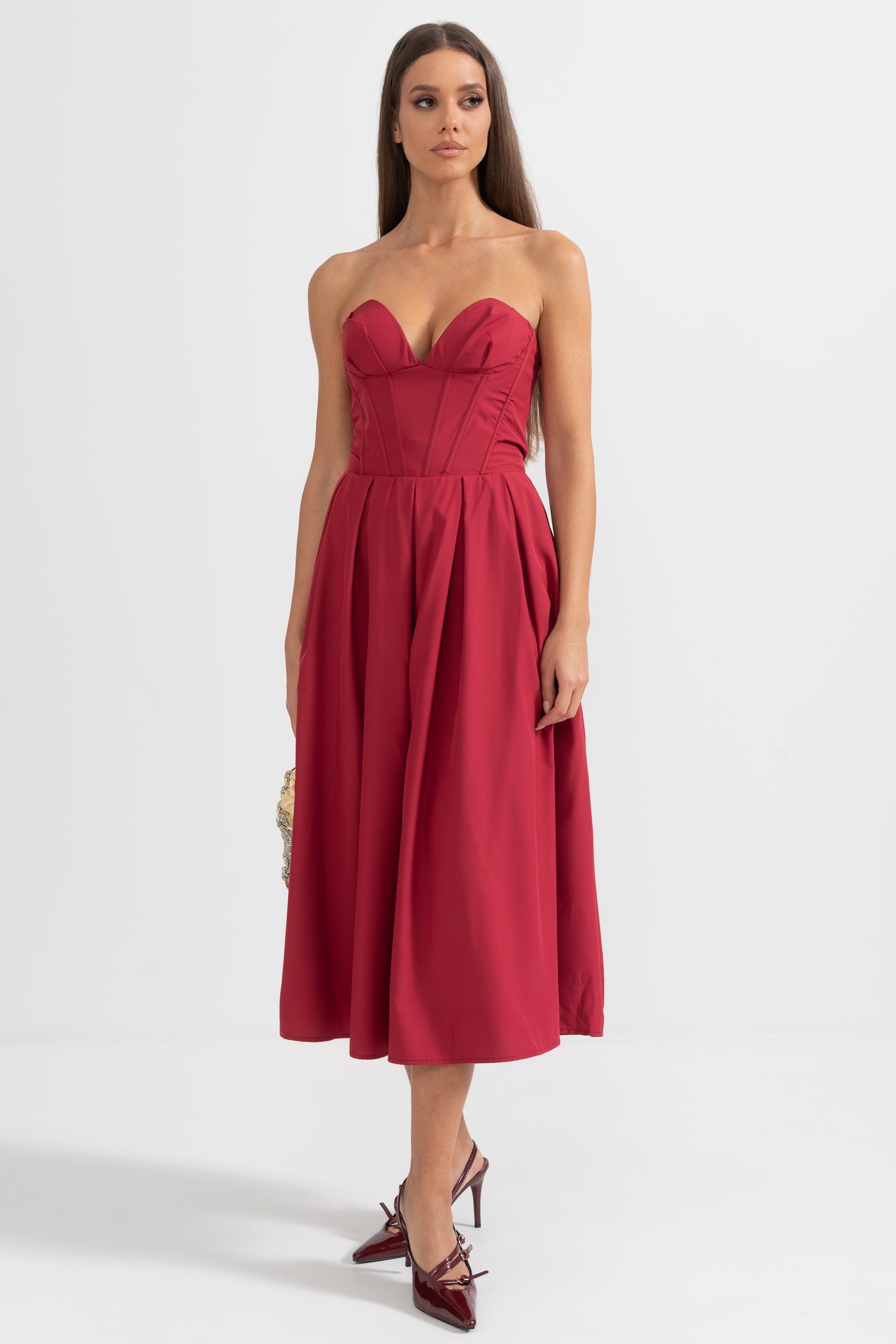 Sophisticated Strapless Midi Dress with Fitted Bodice - Burgundy