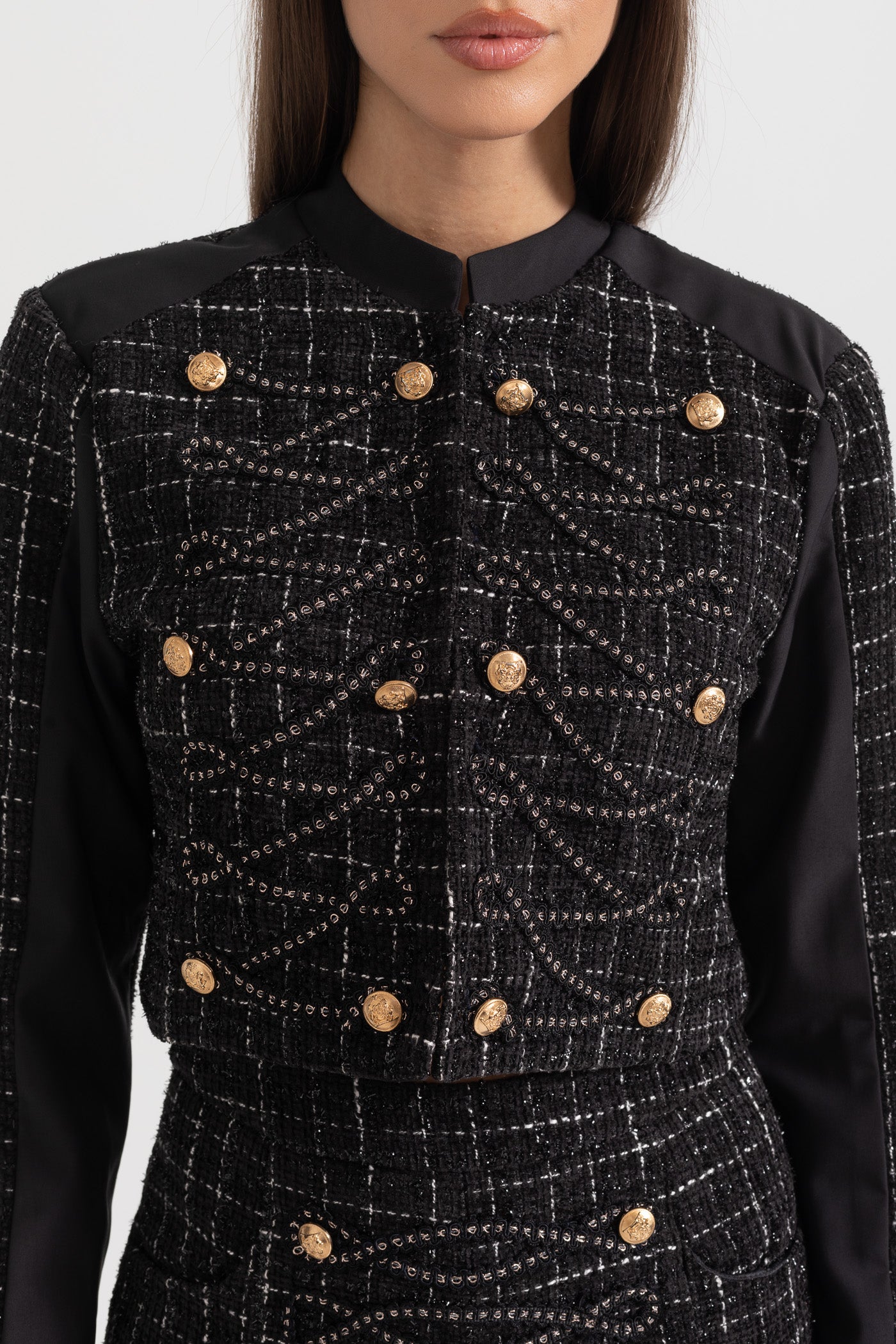 Two Piece Tweed Ensemble With Square Pattern And Gold Details - Black