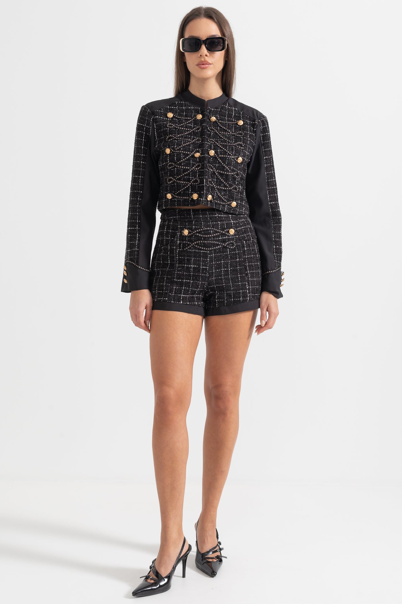 Two Piece Tweed Ensemble With Square Pattern And Gold Details - Black