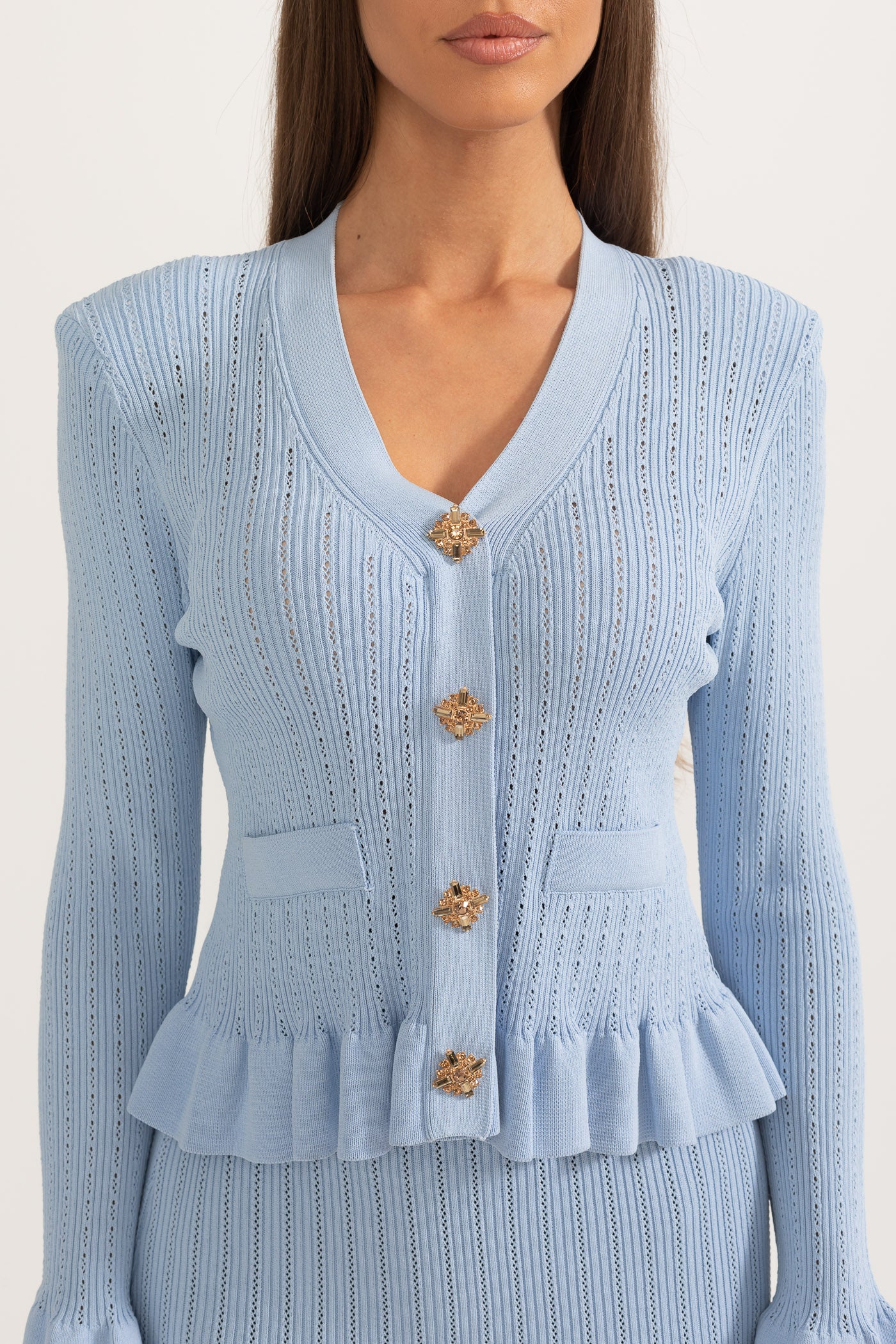 Ruffled Jacket & Flared Skirt Knit Matching Set - Baby Blue