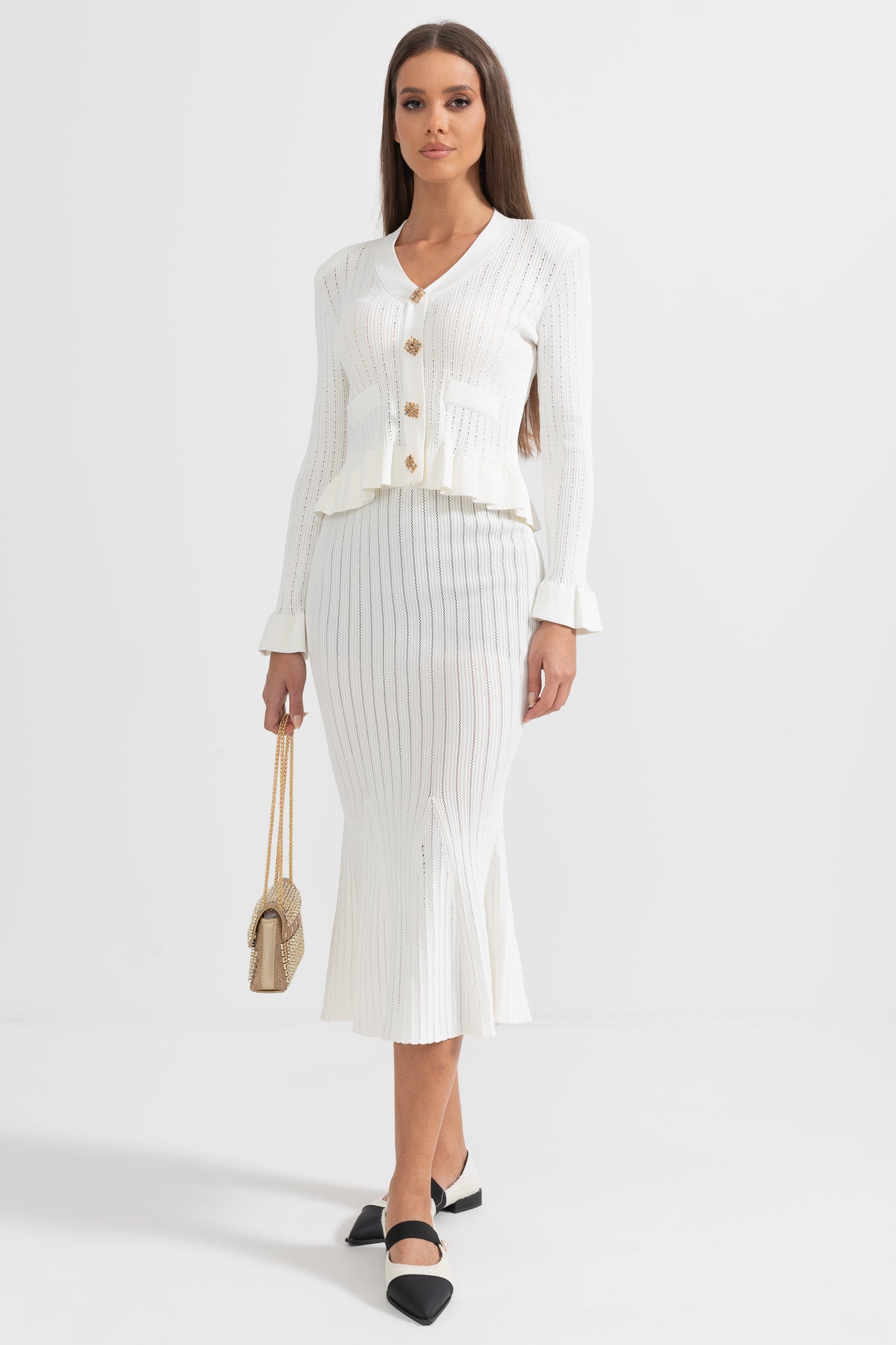 Ruffled Jacket & Flared Skirt Knit Matching Set - White