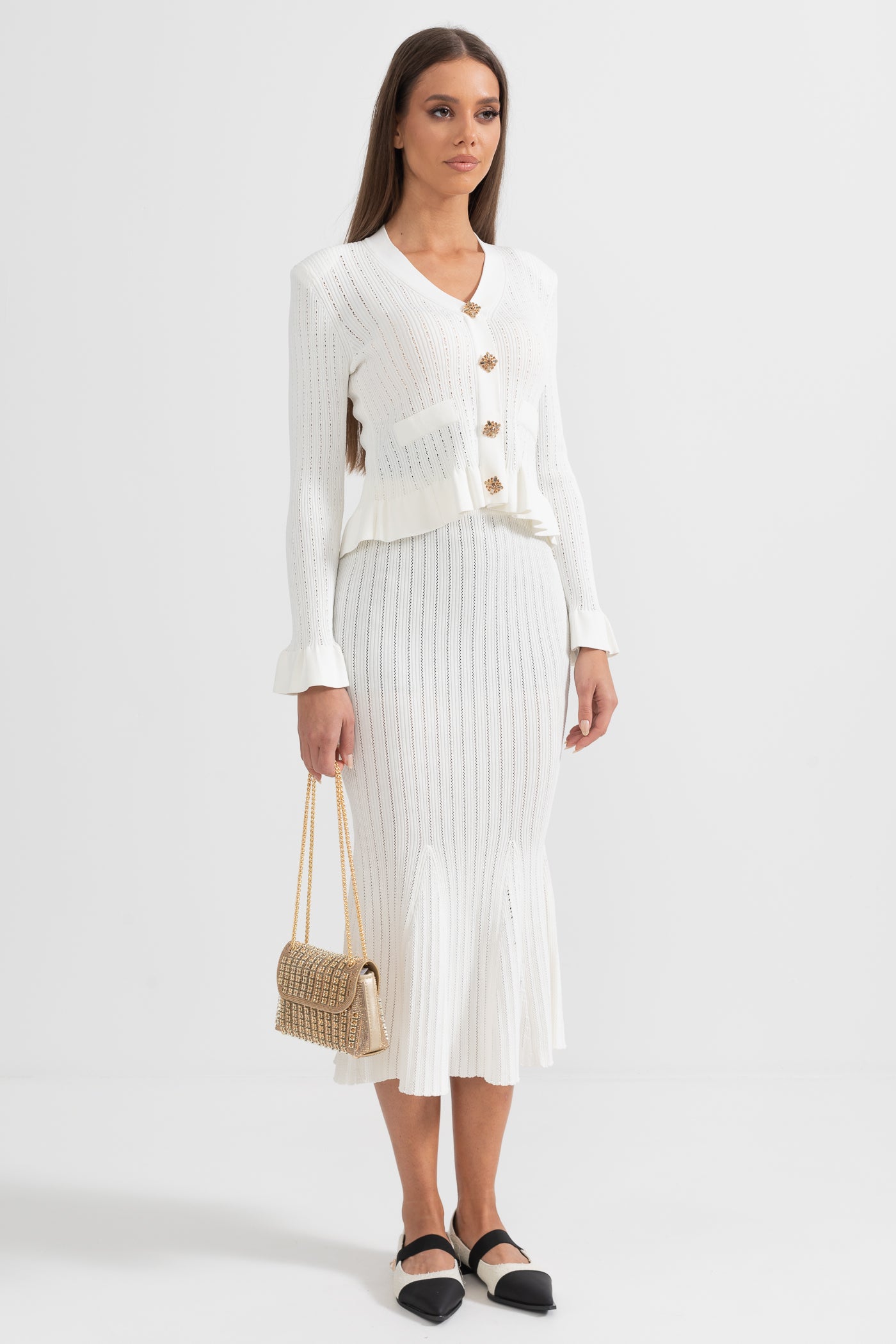 Ruffled Jacket & Flared Skirt Knit Matching Set - White