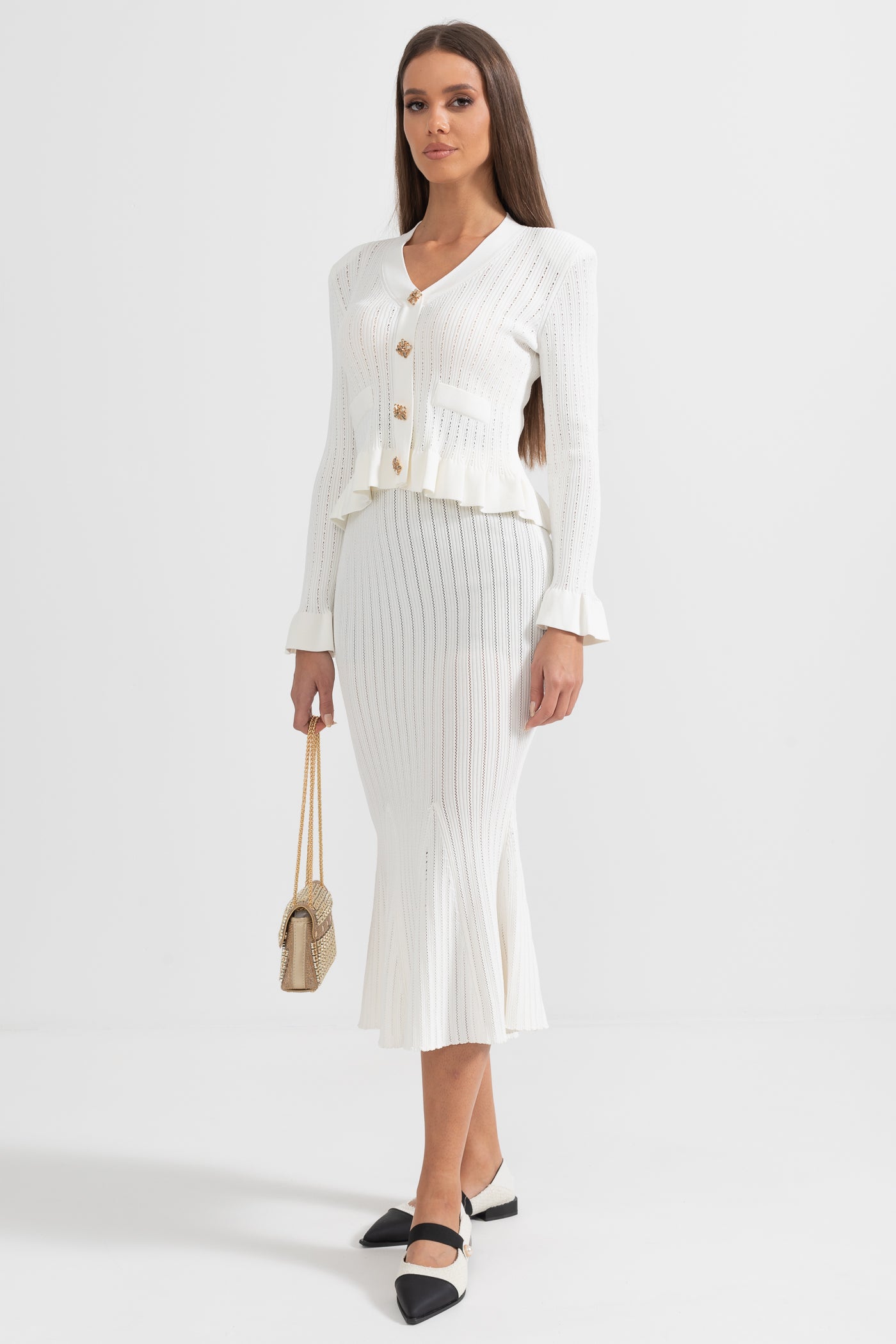 Ruffled Jacket & Flared Skirt Knit Matching Set - White