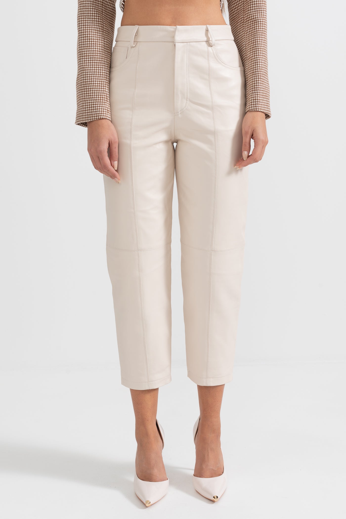 Leather Straight Leg Trousers With Decorative Stitching - White