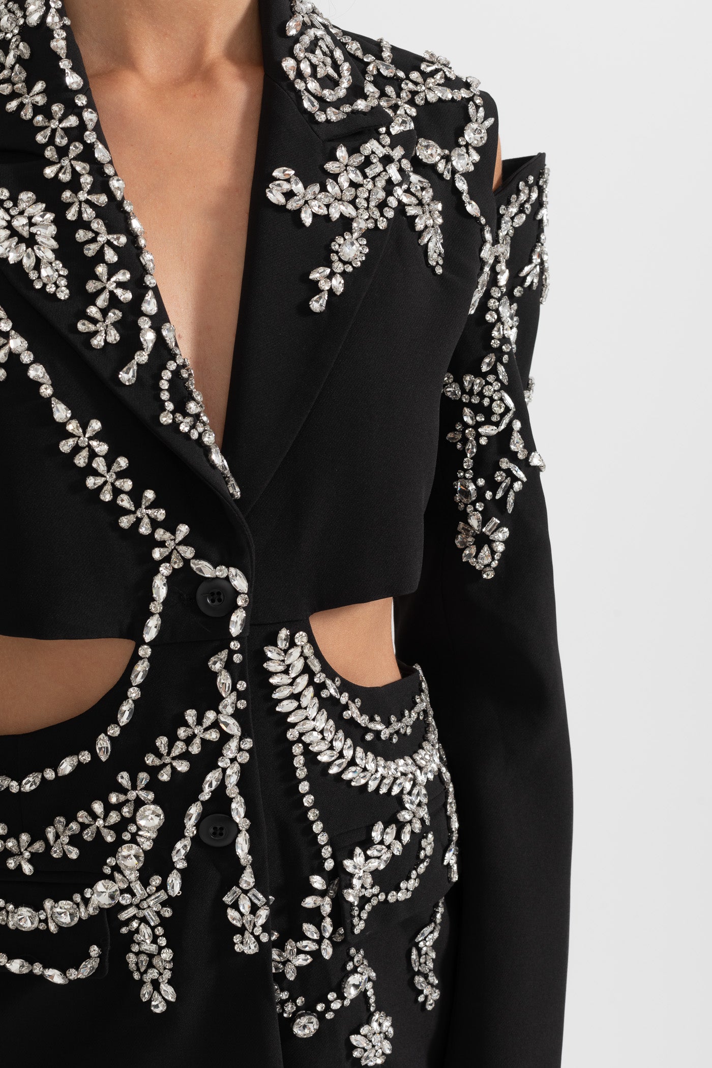 Embroidered Elegant Blazer with Waist Cutouts - Black