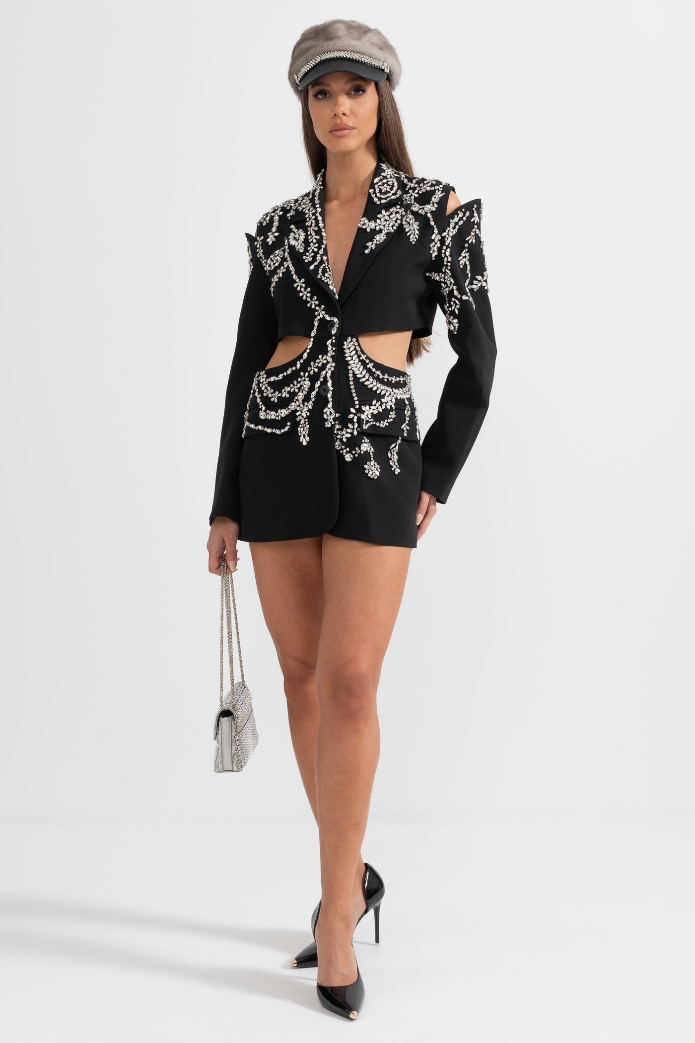 Embroidered Elegant Blazer with Waist Cutouts - Black