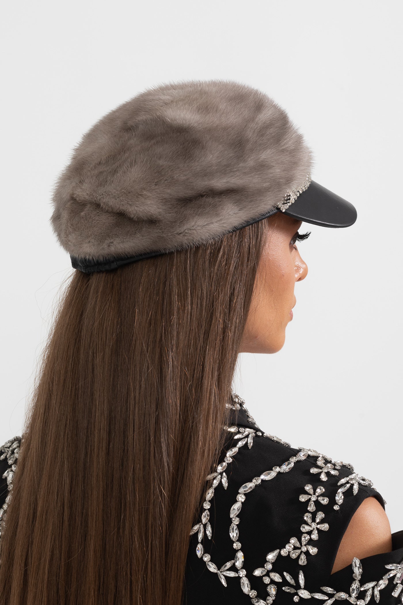 Mink Fur Hat With Leather Visor - Gray