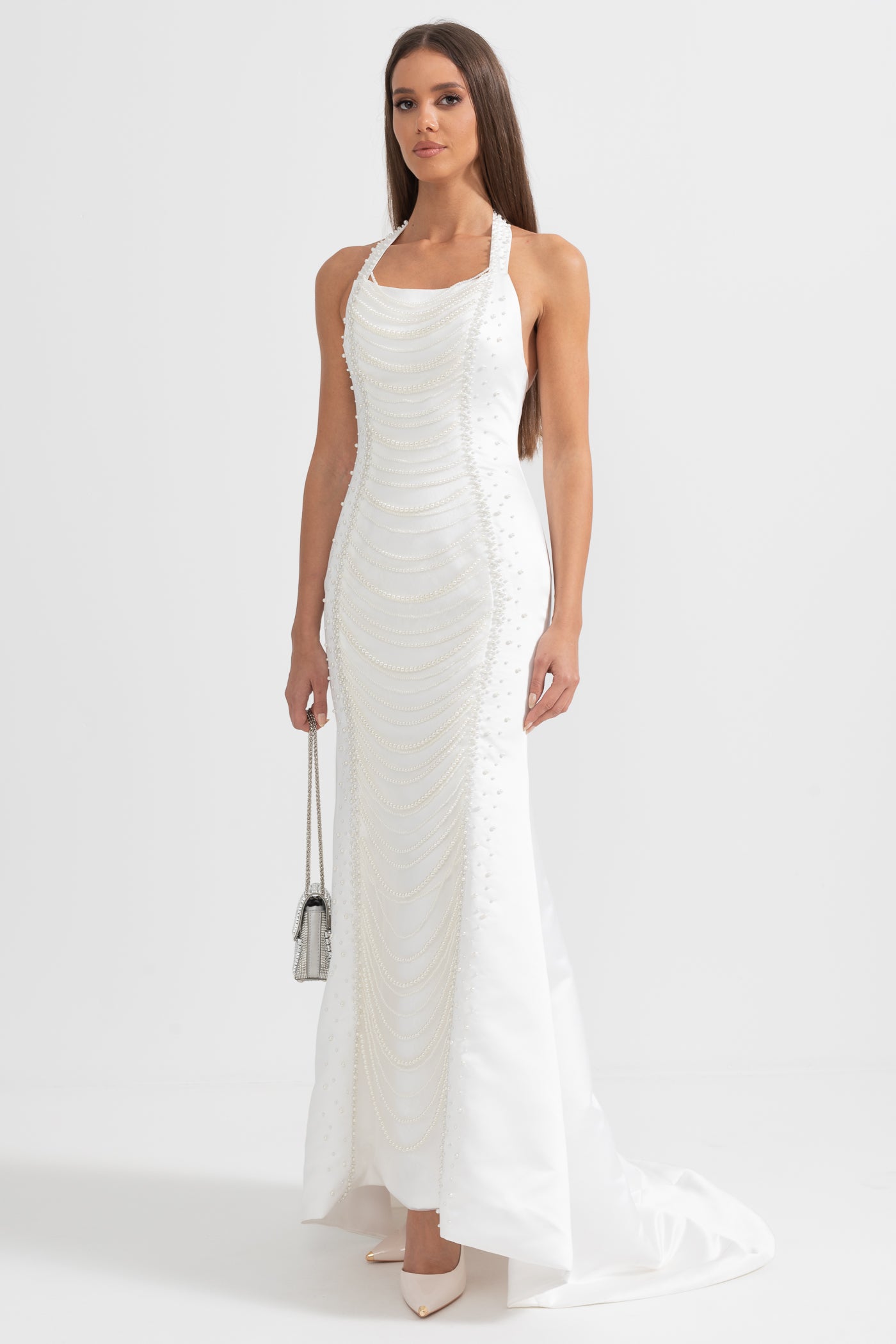 Exquisite Satin Evening Gown With Pearls - White