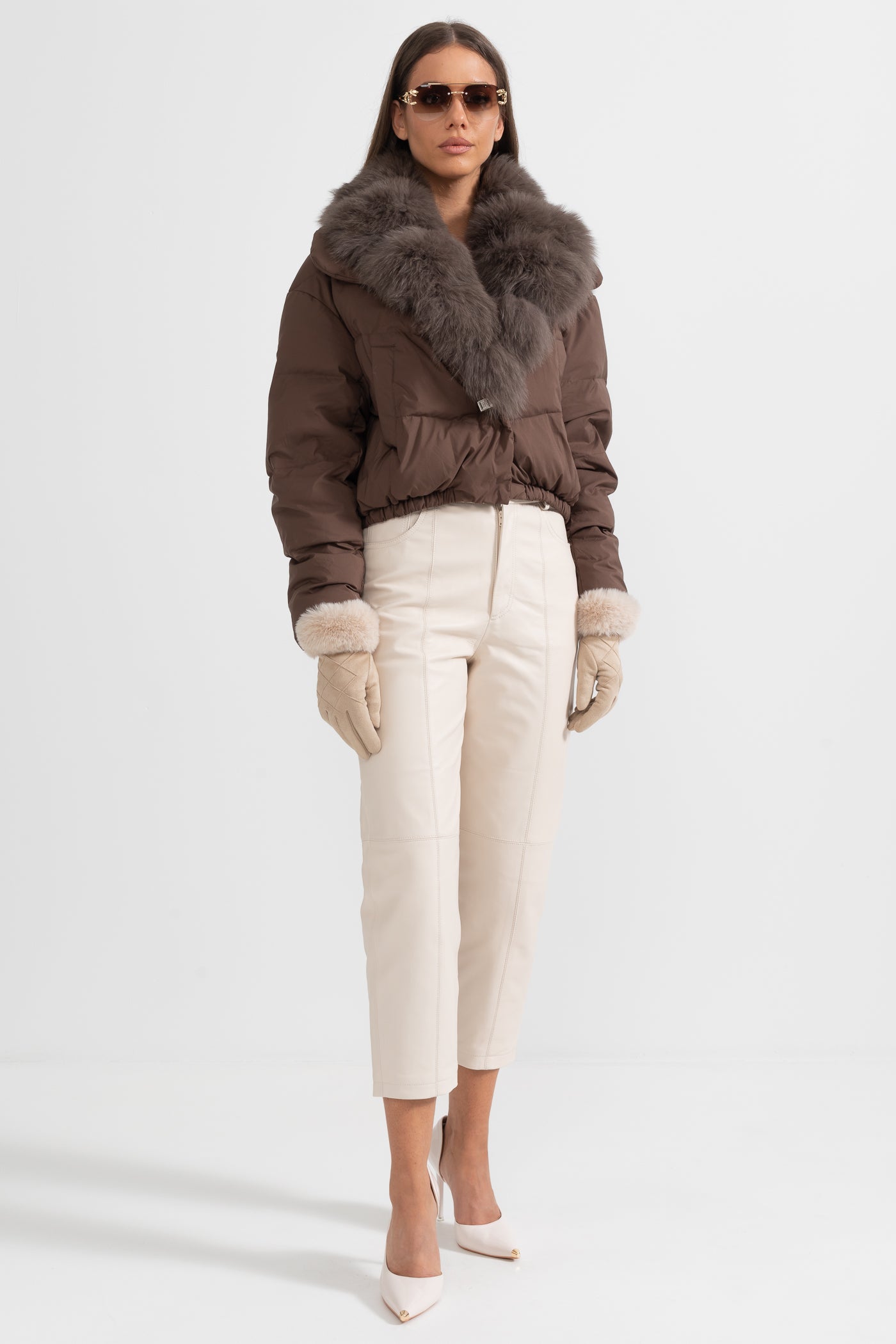 Puffer Jacket With Brown Fox Fur-Lined Hood - Brown