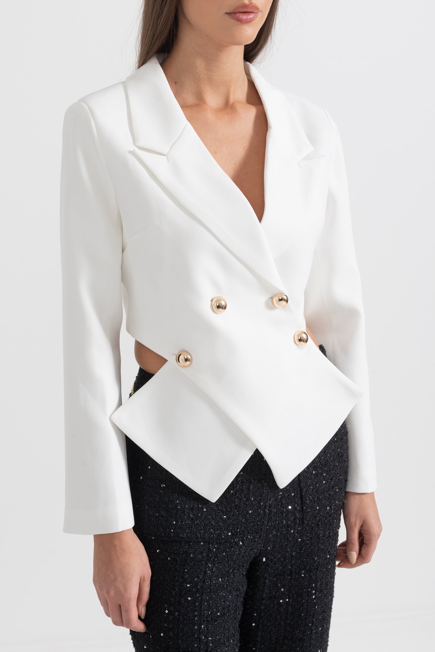 Contemporary Blazer With Crossed Front Closure - White