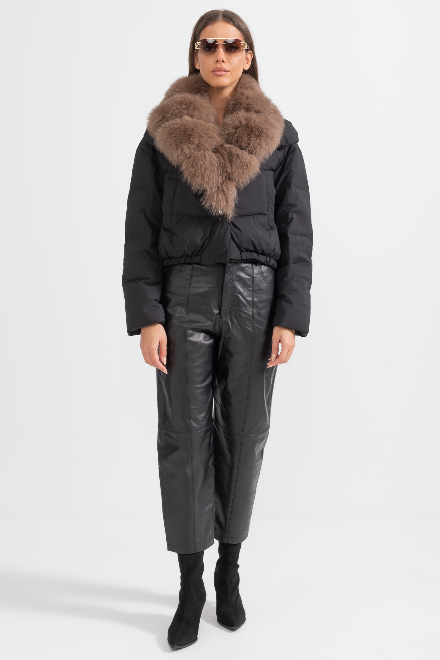 Puffer Jacket With Brown Fox Fur-Lined Hood - Black