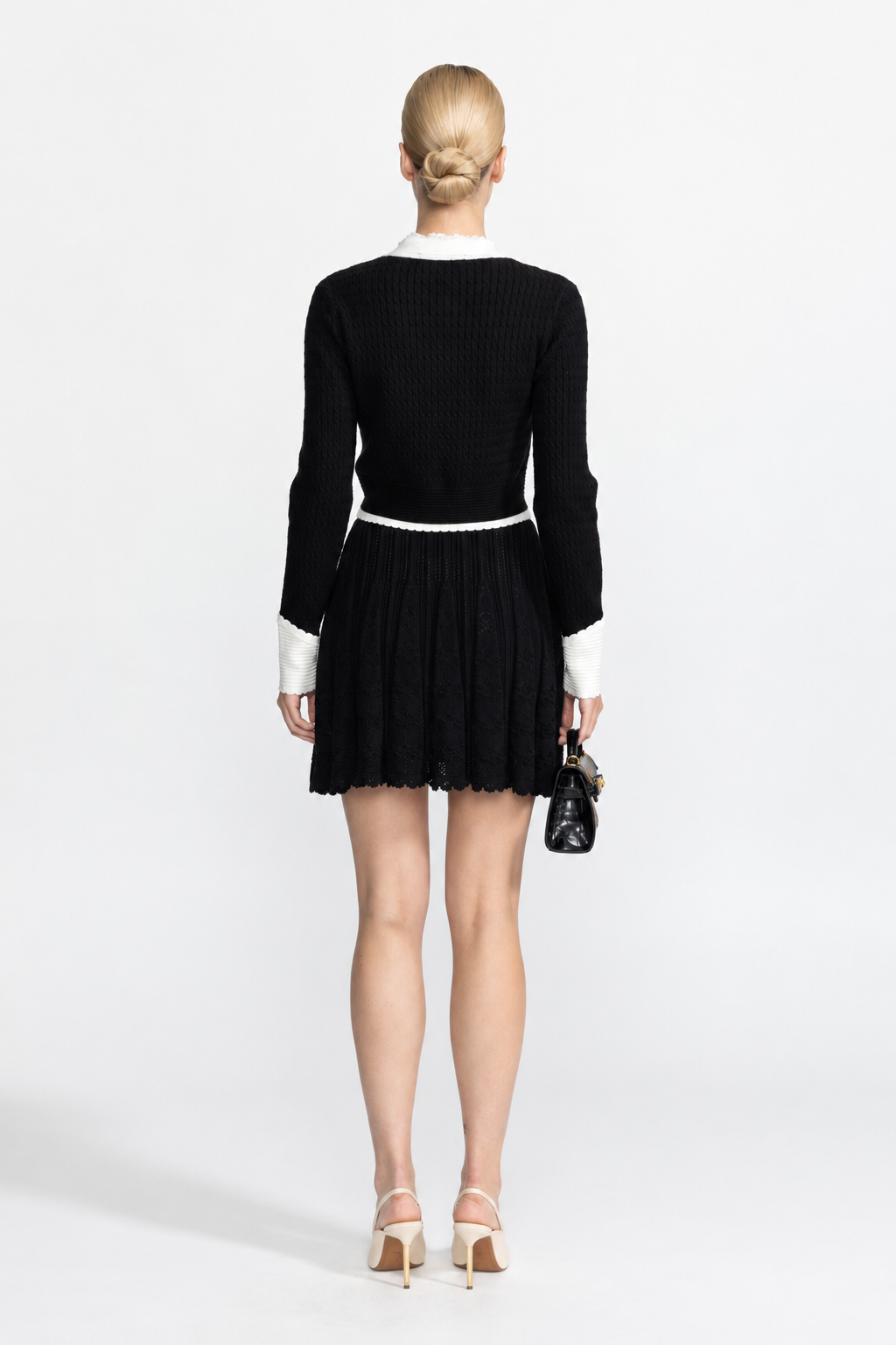 Pearl Embellished Contrast Trim Cable Knit Cropped Cardigan - Black