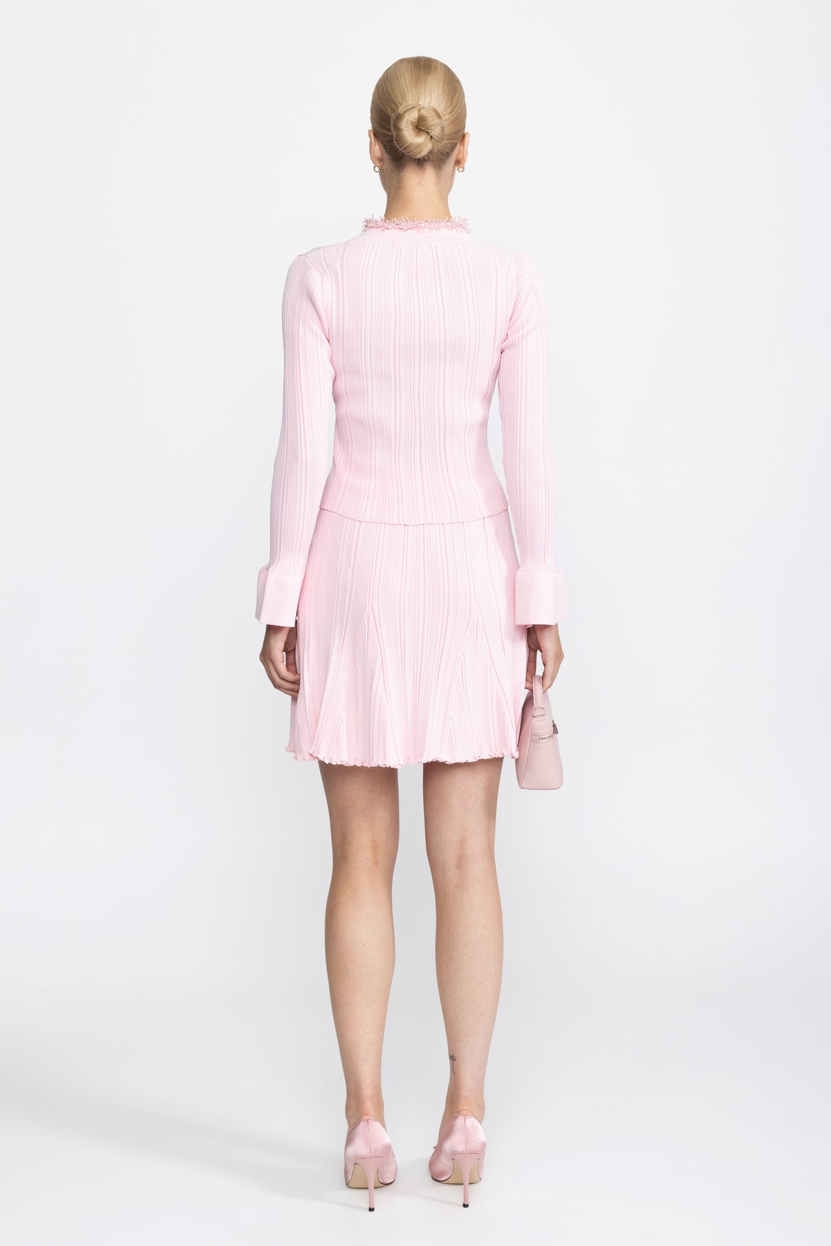 Beaded Trim Rib Knit Cardigan and Mini Skirt Co-ord Set - Pink