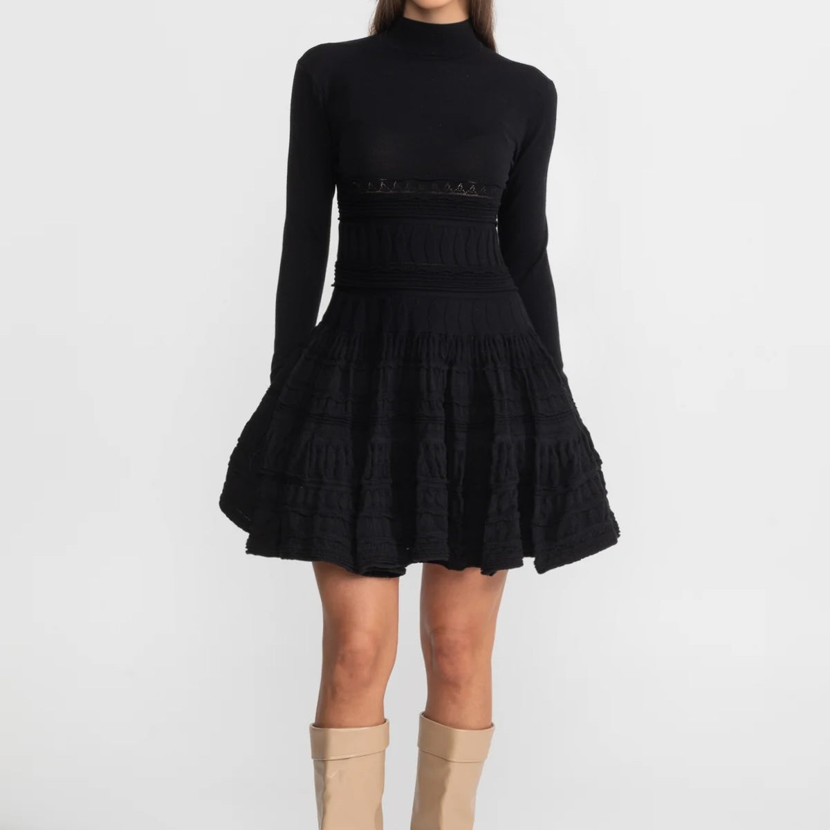 Textured Knit Mini Dress with Flared Skirt - Black Textured Knit Mini Dress with Flared Skirt - Black