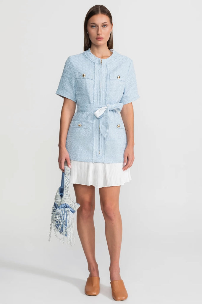 Belted Tweed Jacket Dress With White Pleated Hem – Powder Blue