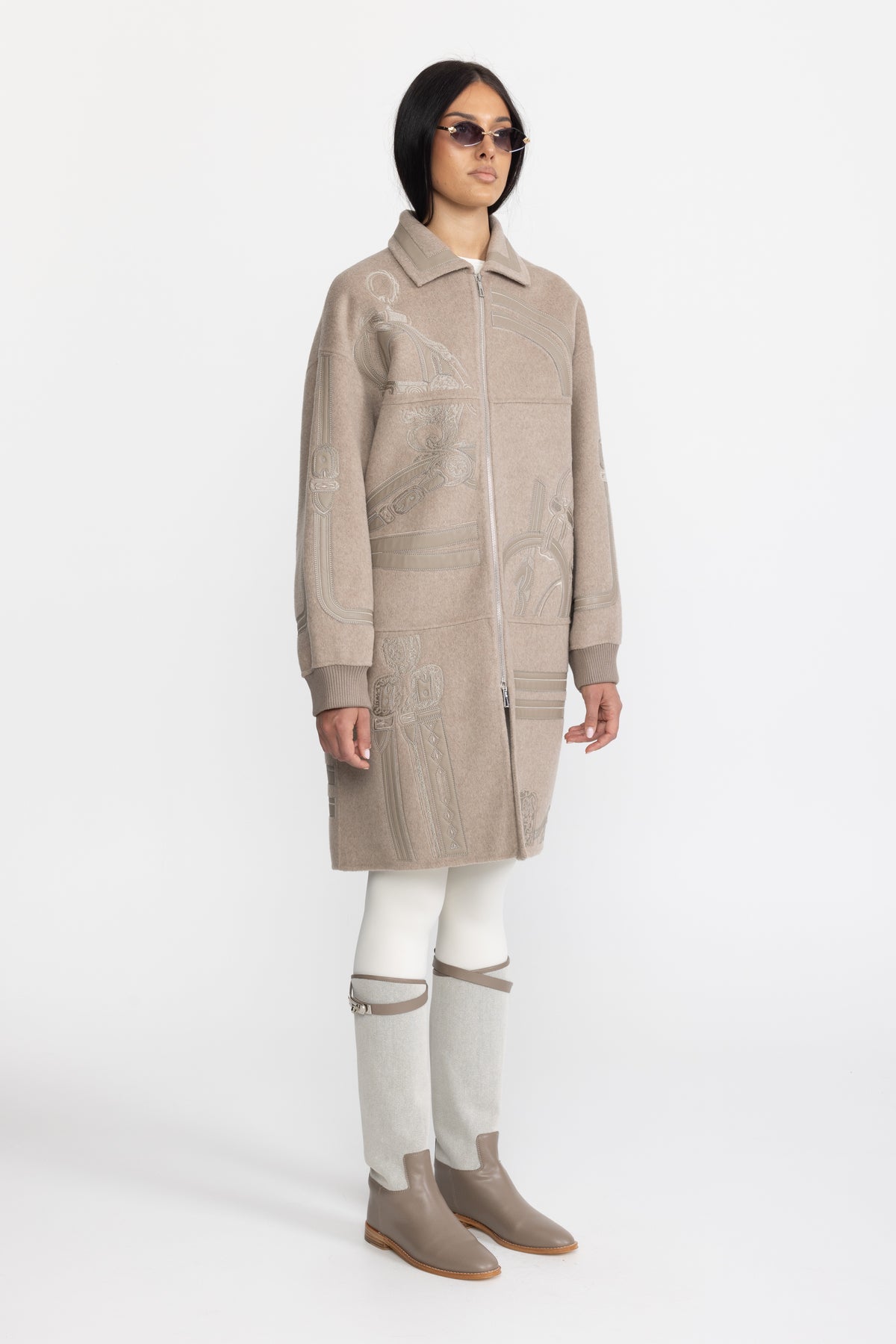 Equestrian Applique Embroidered Wool Zip Coat - Taupe