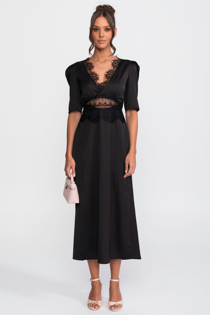 Lace-Trim Polka Dot Midi Dress With Puff Sleeves - Black