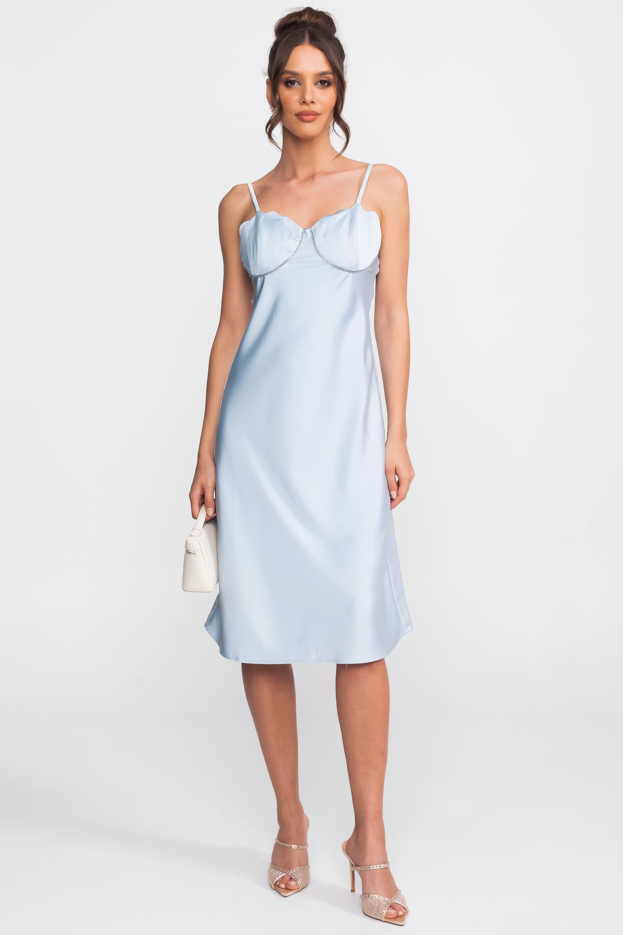 Satin Slip Midi Dress With Sweetheart Bustier Bodice - Light Blue