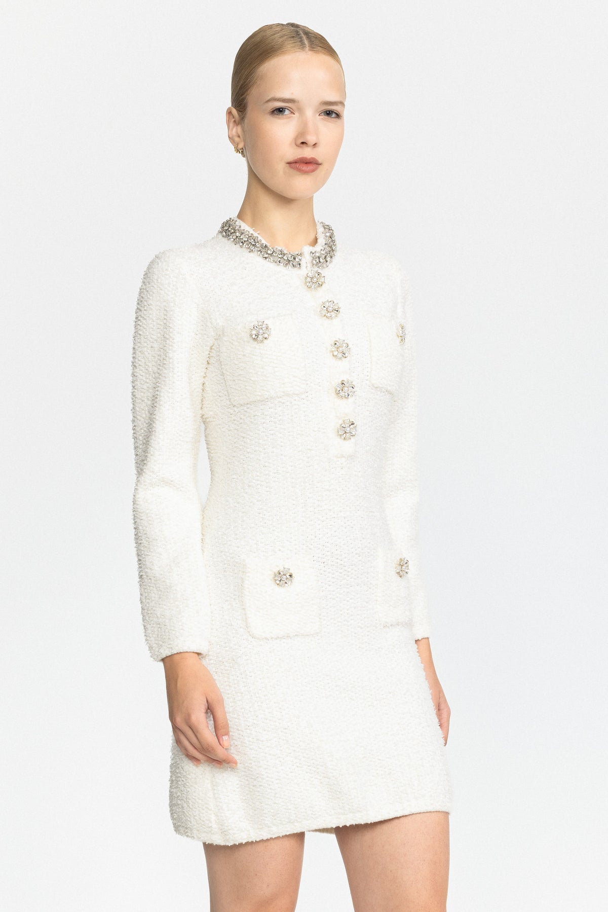 Crystal Collar Bouclé Knit Mini Dress - White
