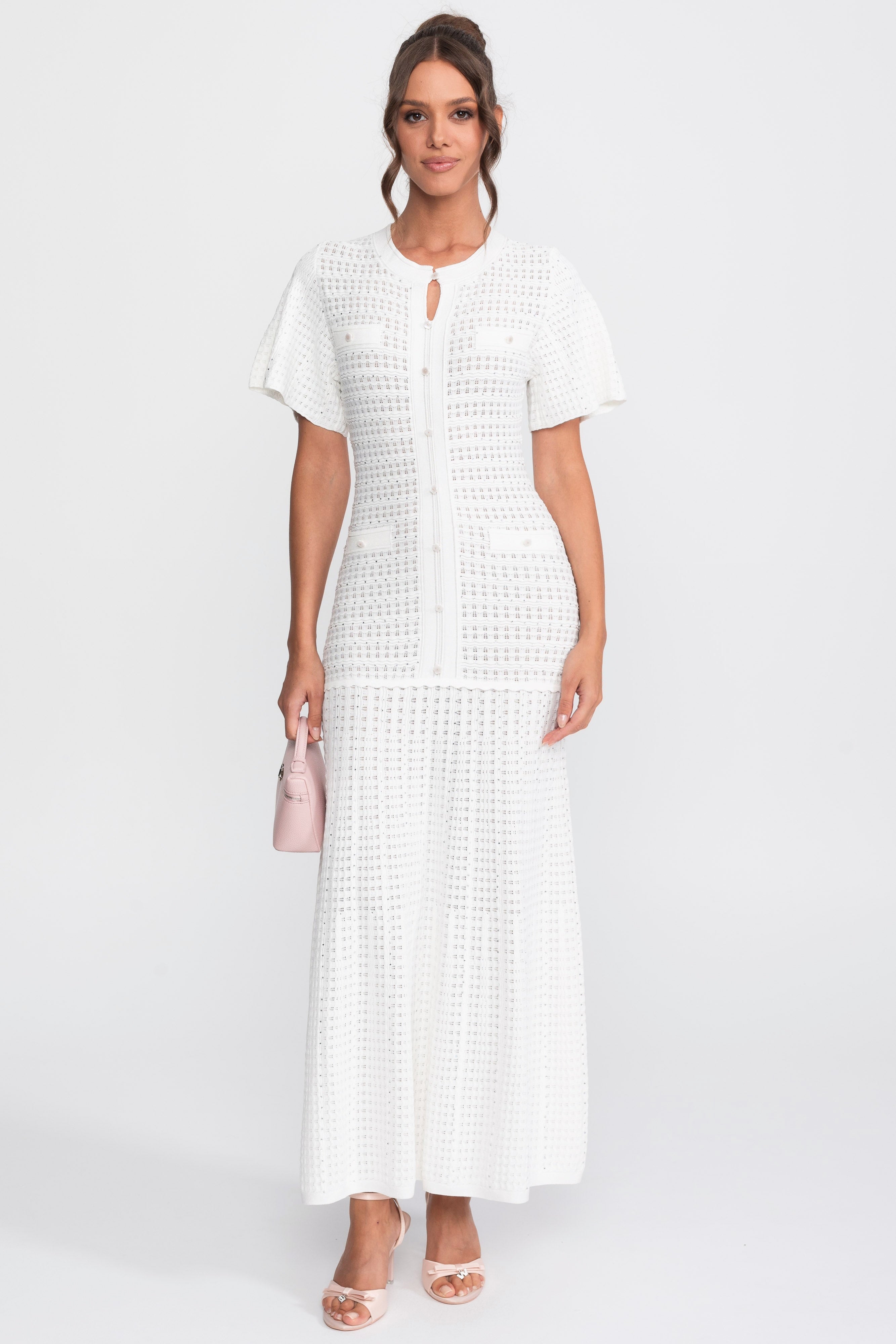 Short Sleeve Midi Dress With Shimmer Knit Texture - White
