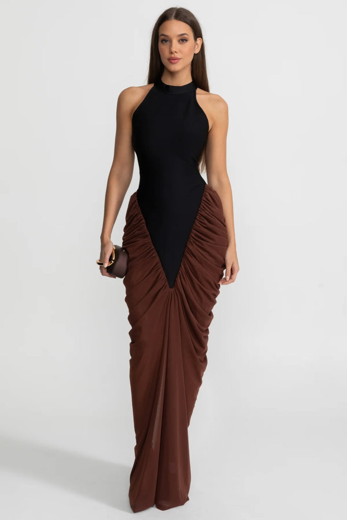 Halter Maxi Dress with  Contrasting Ruched Paneling - Black/Brown