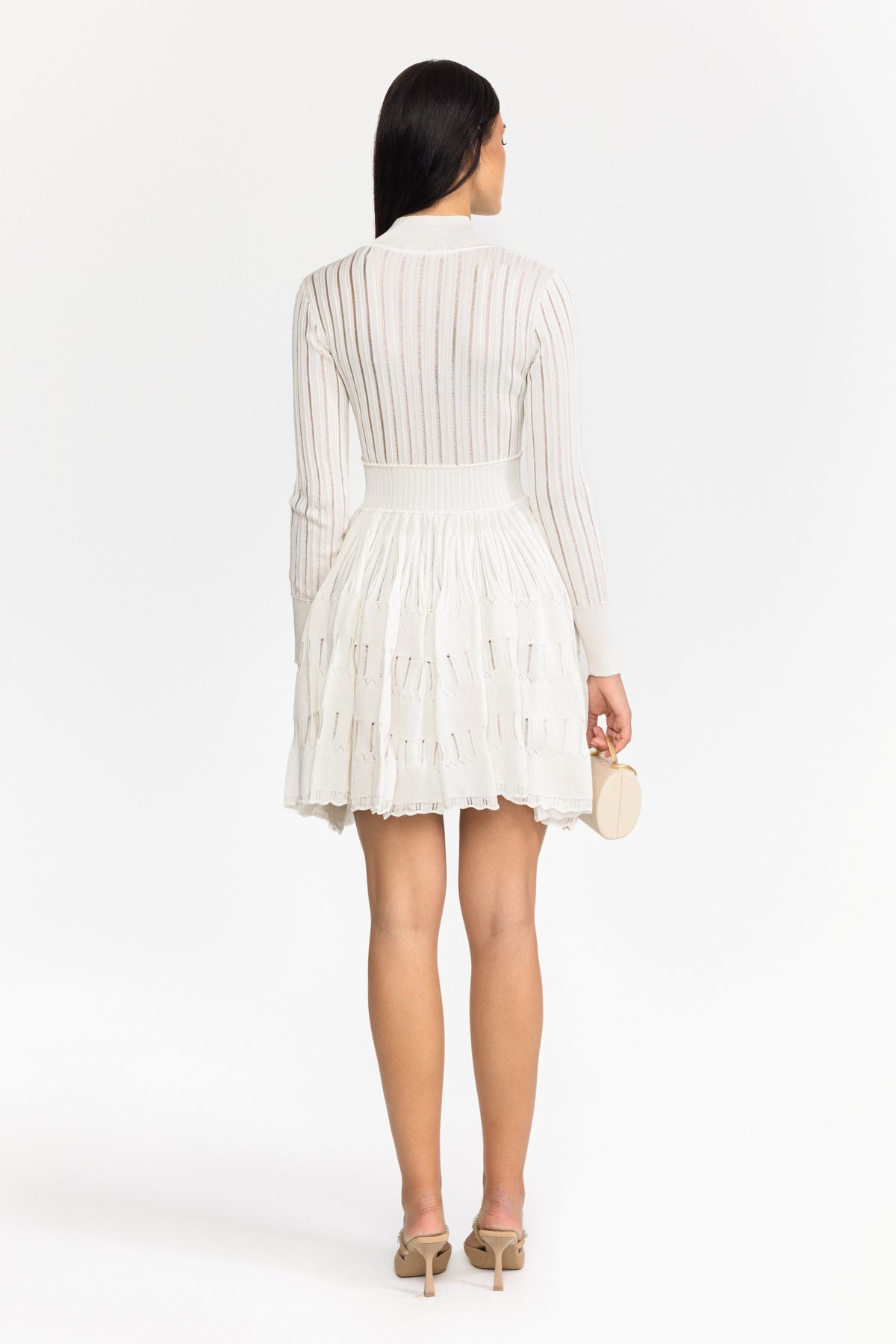 Sheer Ladder Knit Long Sleeve Skater Mini Dress - White