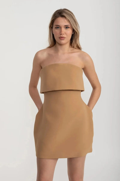 Elegant Strapless Mini Dress With Flared Hemline - Khaki Elegant Strapless Mini Dress With Flared Hemline - Khaki