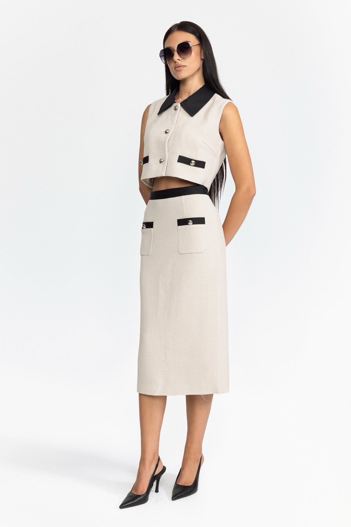 Contrast Collar Tweed Crop Top and Midi Skirt Set - Off-White