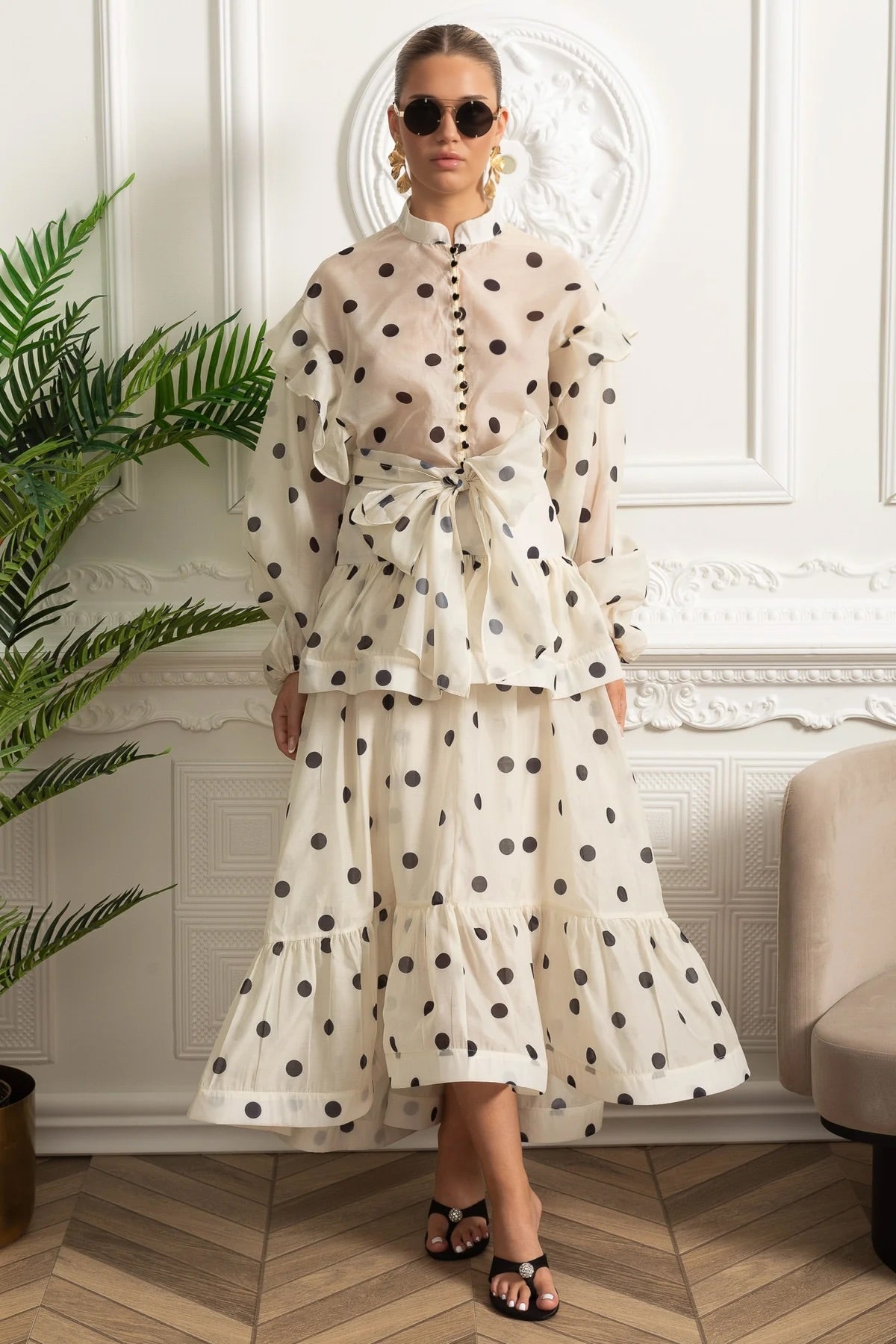 Polka Dot Maxi Dress with Voluminous Sleeves and Statement Waist Bow - Ivoire