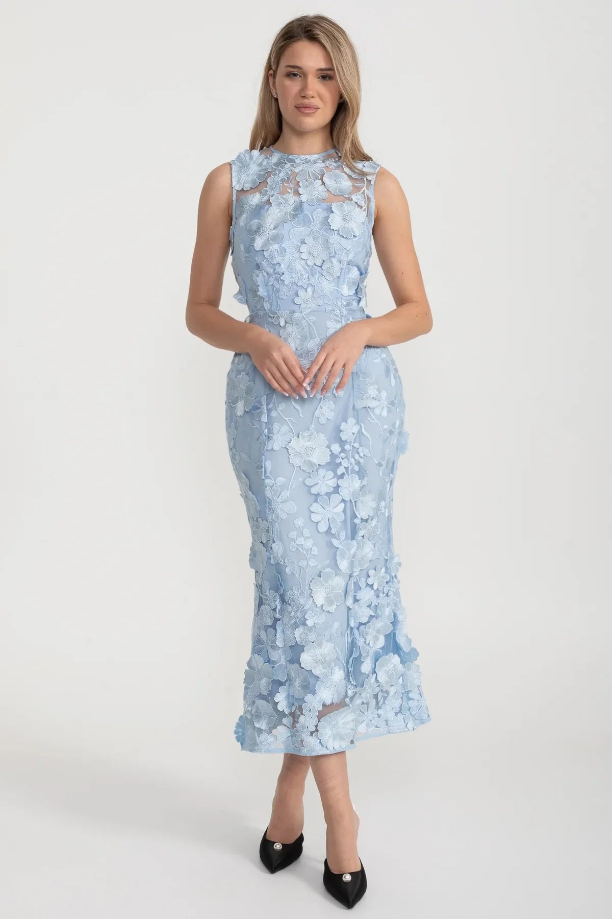 Sheer Dress With Fitted Waist And Floral Appliques - Light Blue