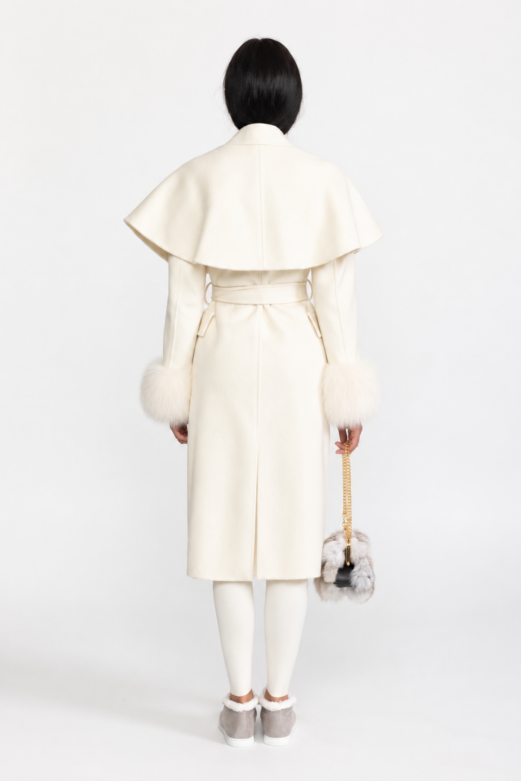 Embellished Capelet Wool Coat with Fox Fur Cuffs - Ivoire