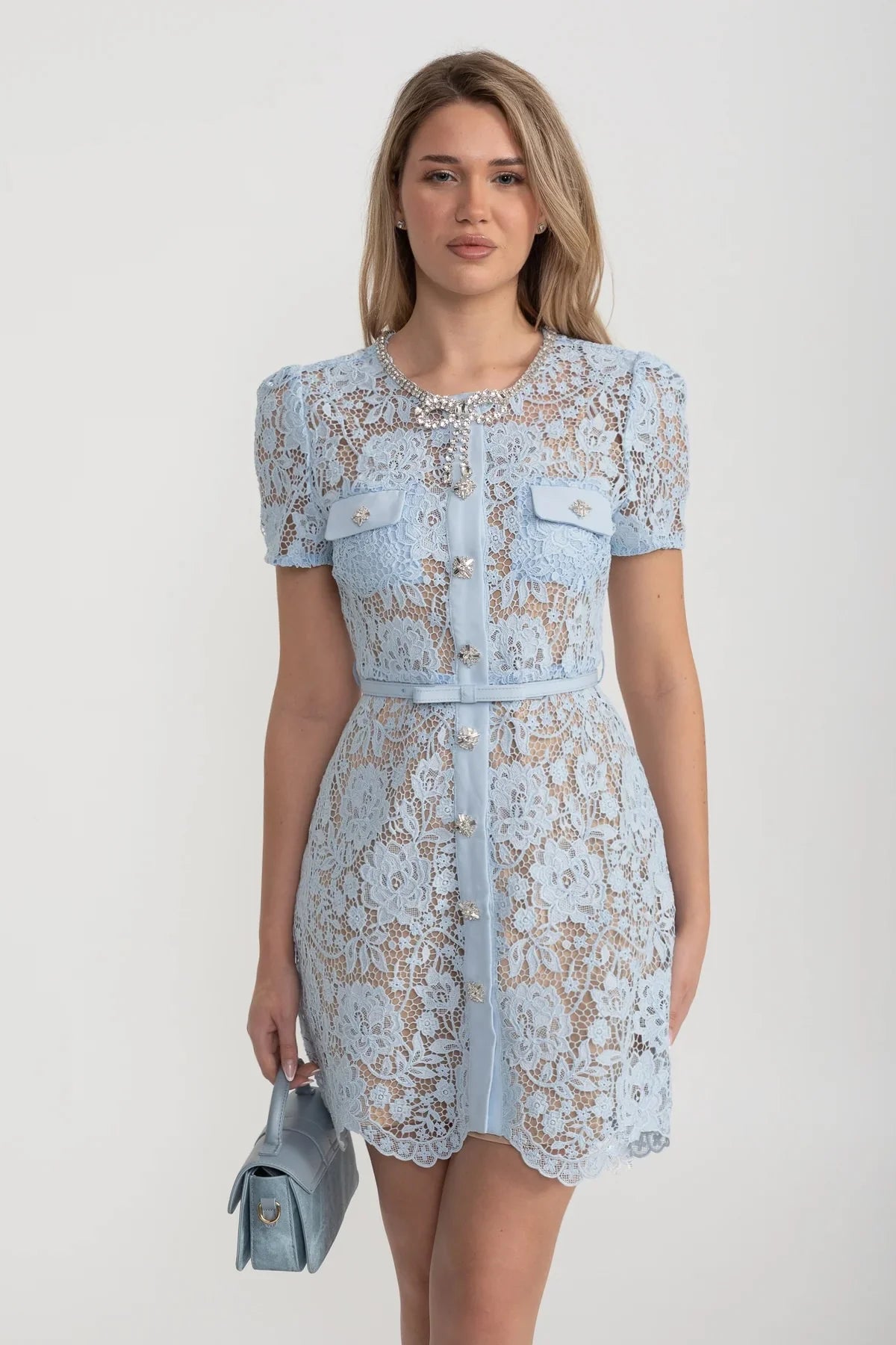 Lace Mini Dress With Buttoned Closure, Sparkling Embellishments And Coordinated Belt - Baby Blue
