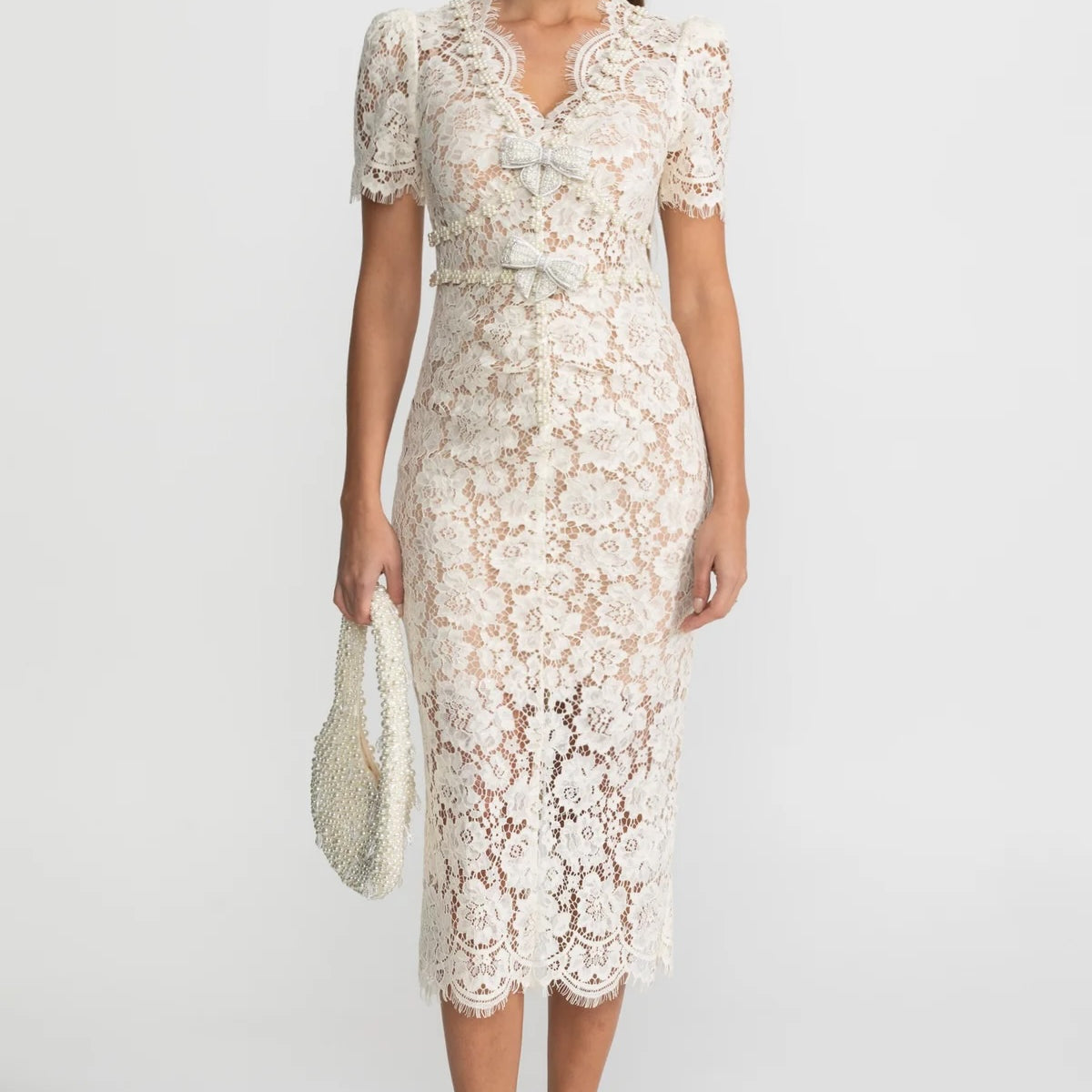 Embellished Lace Midi Dress with Bow Detailing – Ivoire, S