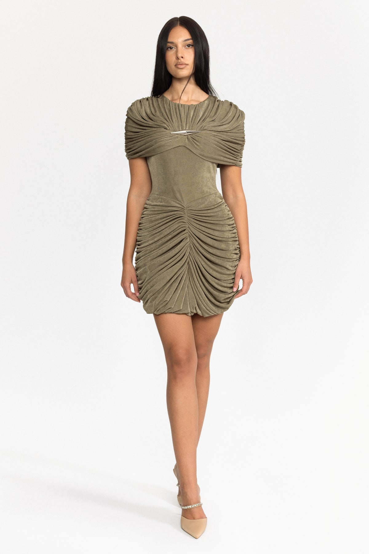 Draped Cape Ruched Mini Dress - Olive