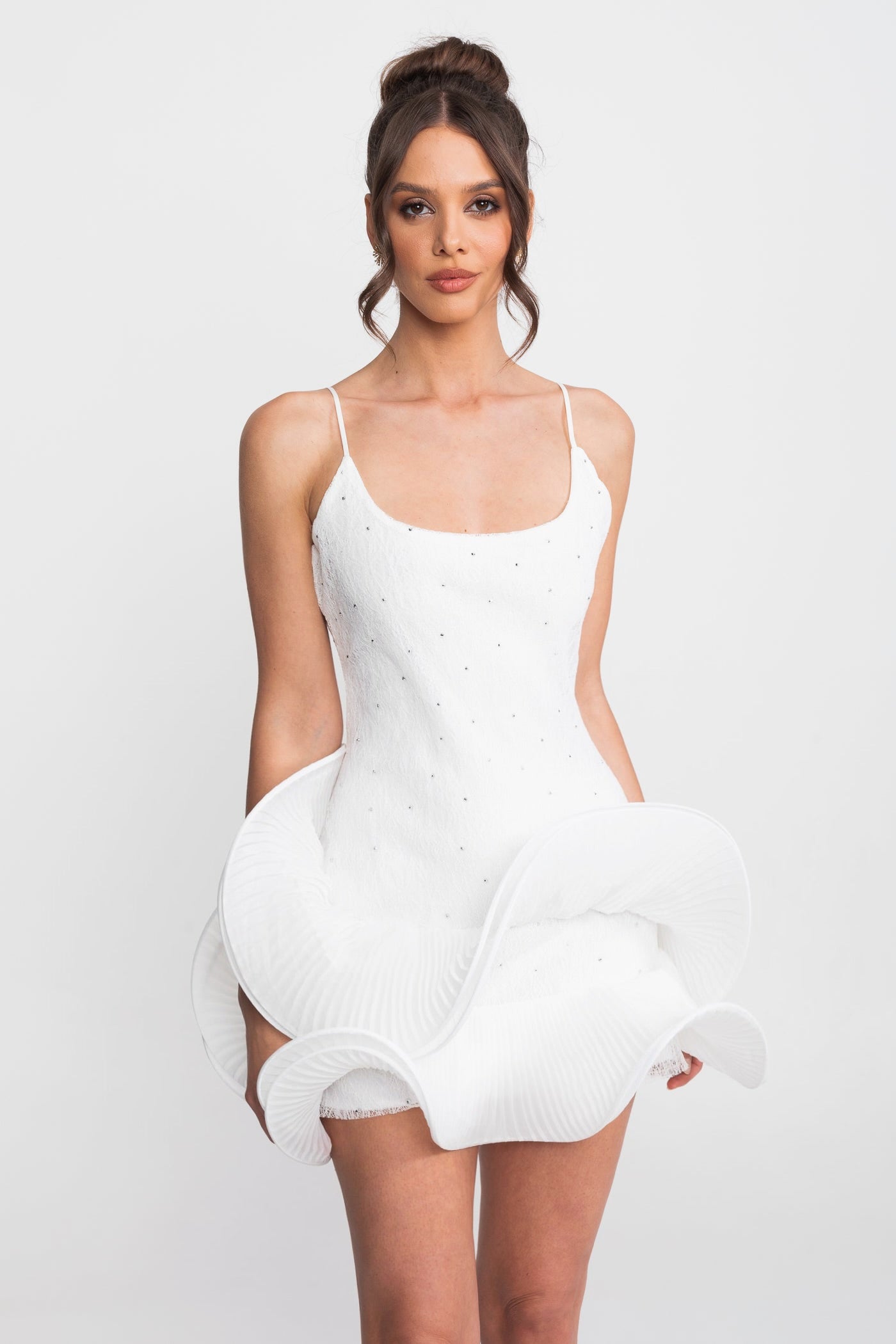Babydoll Mini Dress With Sparkling Embellishments And Ruffled Peplum Skirt - White