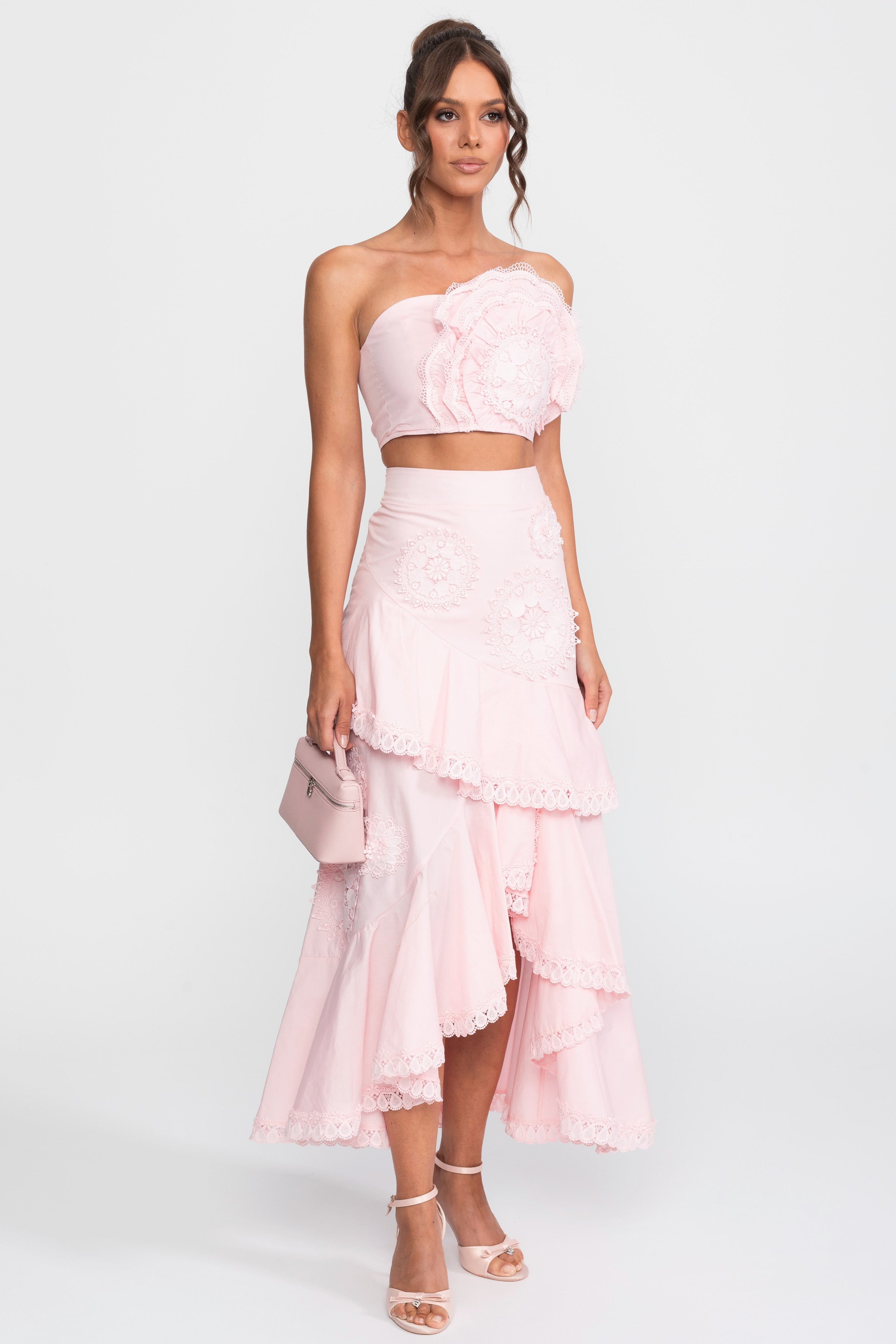 Crochet Medallion Two-Piece Set With Ruffled Maxi Skirt - Pink
