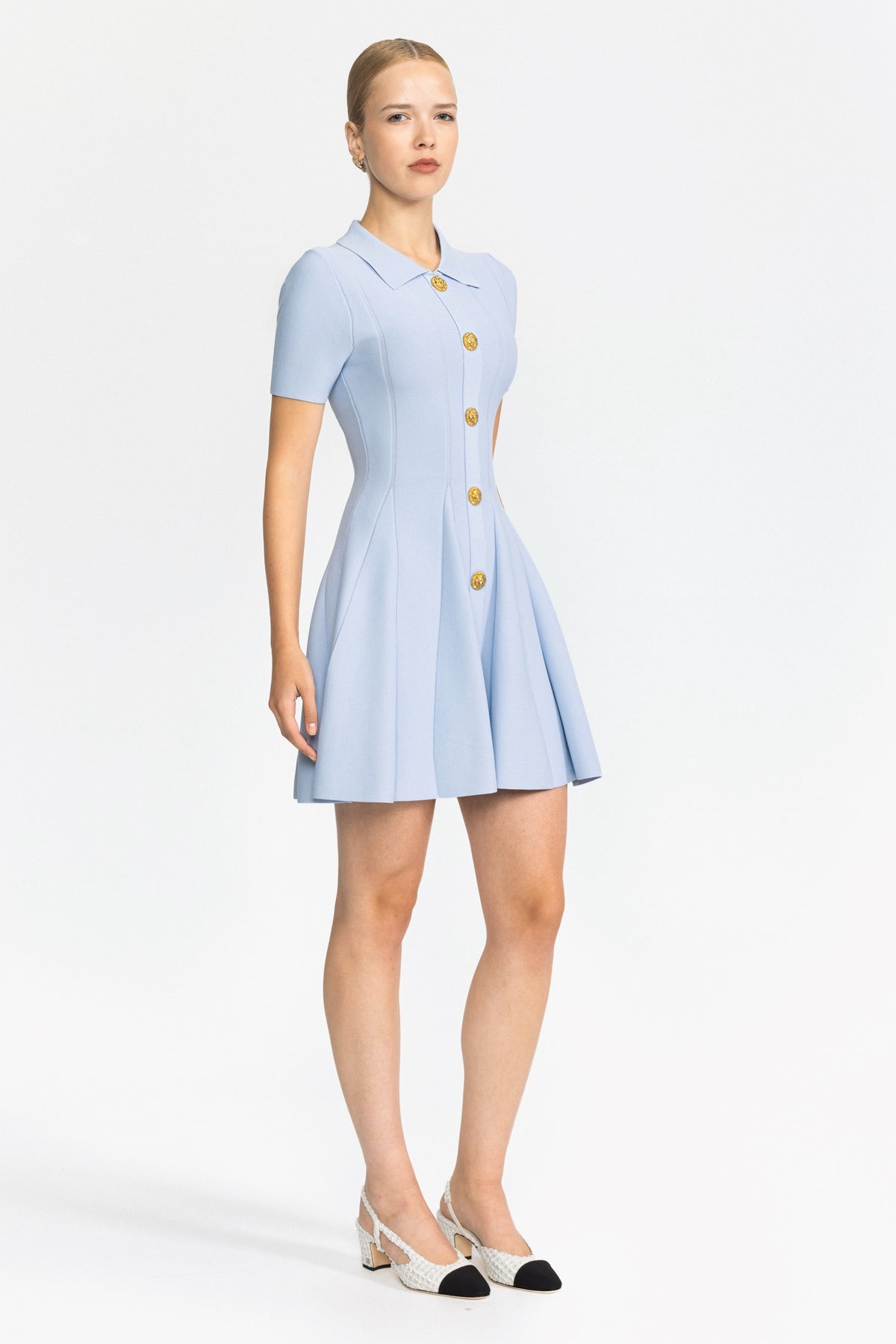 Knit Polo Collar Lion-Button Mini Dress - Light Blue