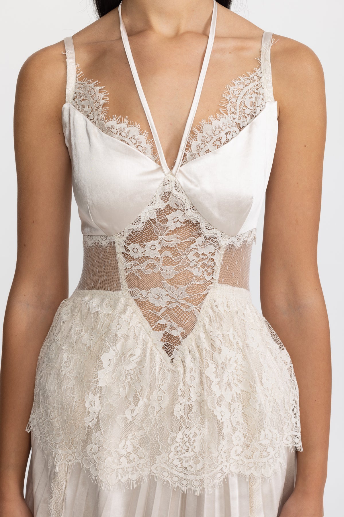 Lace Insert Satin Halter Pleated Midi Dress - Ivoire