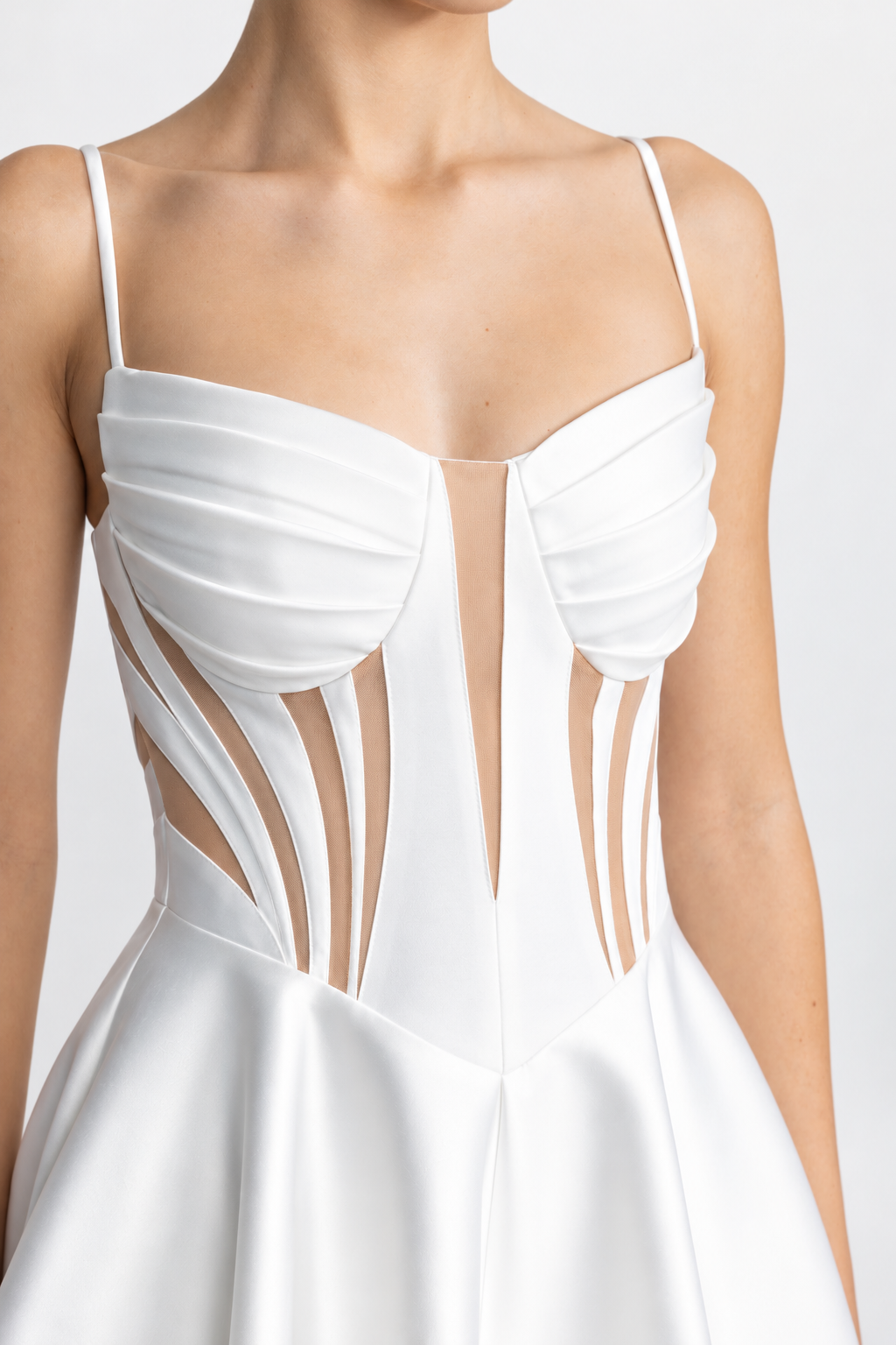Sheer Panel Satin Corset Midi Dress - White