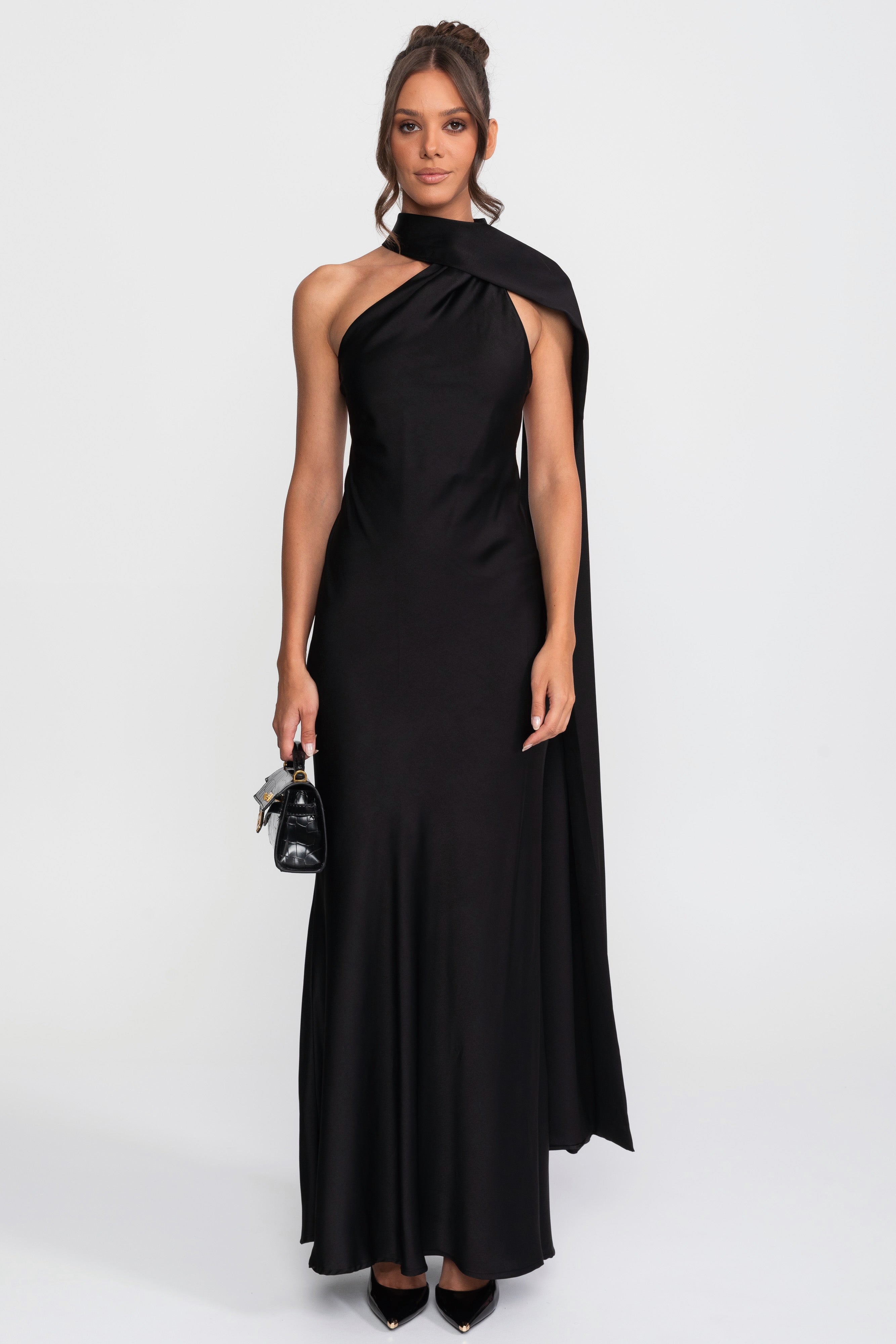 Twist Halter Satin Slip Dress With Asymmetric Neckline - Black