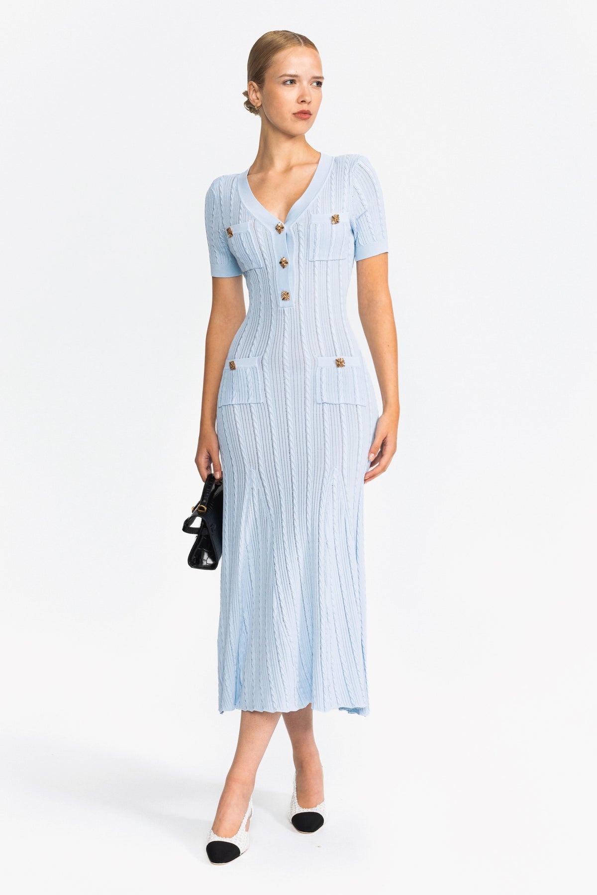 Cable Knit Jewel-Button Midi Dress - Light Blue