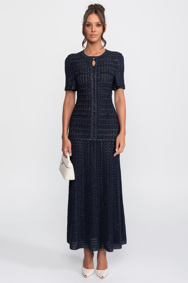 Short Sleeve Midi Dress With Shimmer Knit Texture - Navy